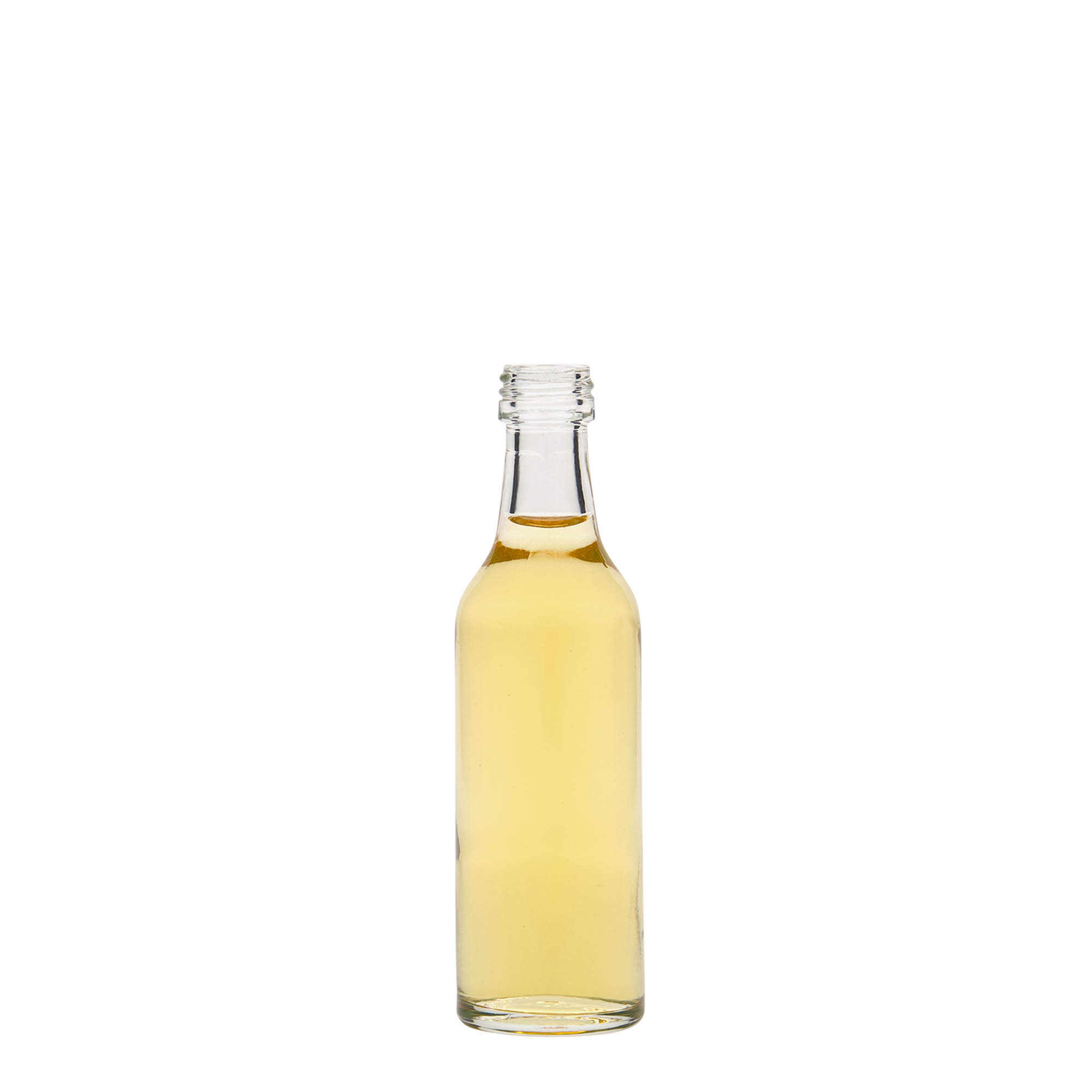 Bottiglia di vetro da 50 ml con collo dritto, bocca: PP 18 Bottiglia di vetro da 50 ml con collo dritto, bocca: PP 18