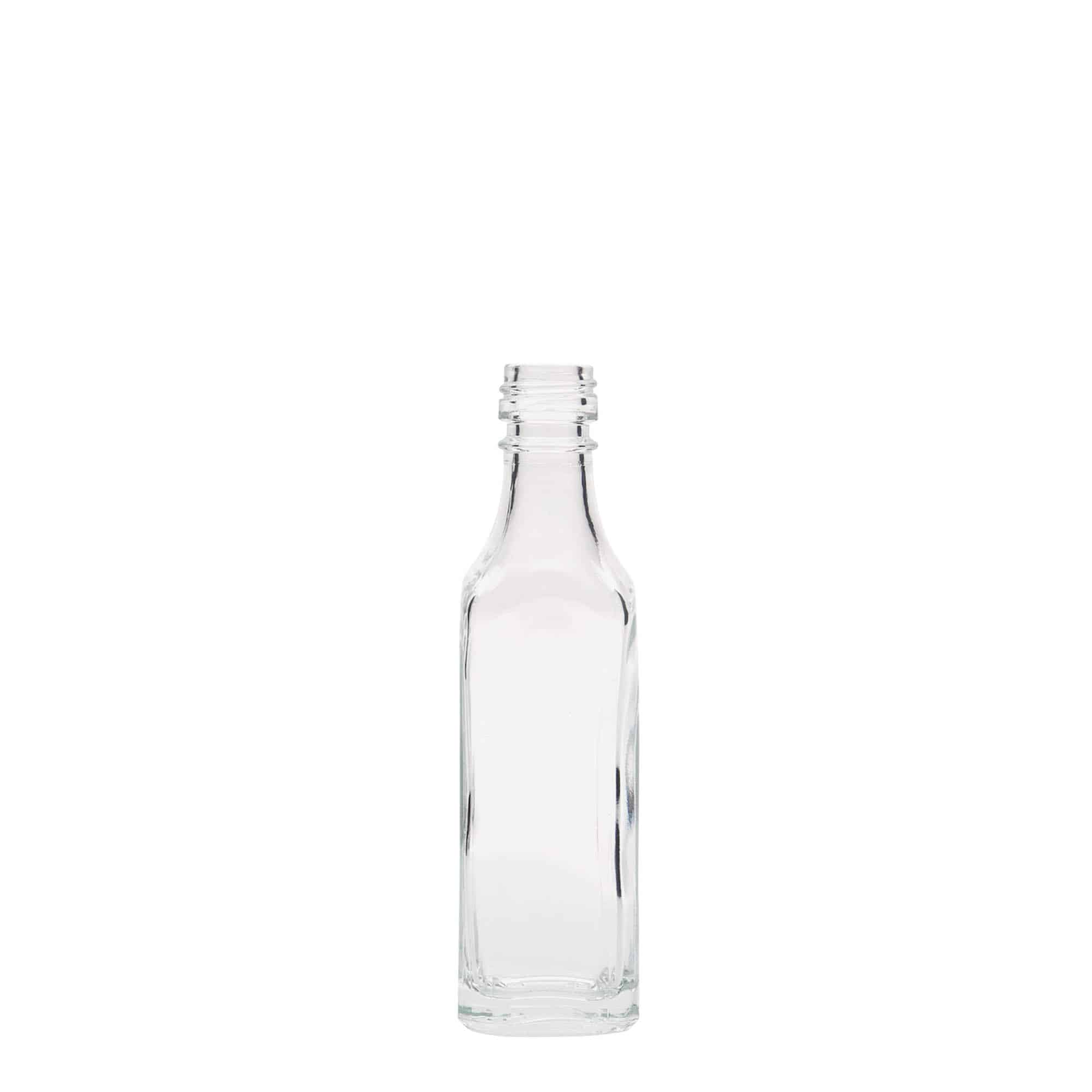 50 ml Bottiglia di vetro 'Siena', quadrata, imboccatura: PP 18 50 ml Bottiglia di vetro 'Siena', quadrata, imboccatura: PP 18