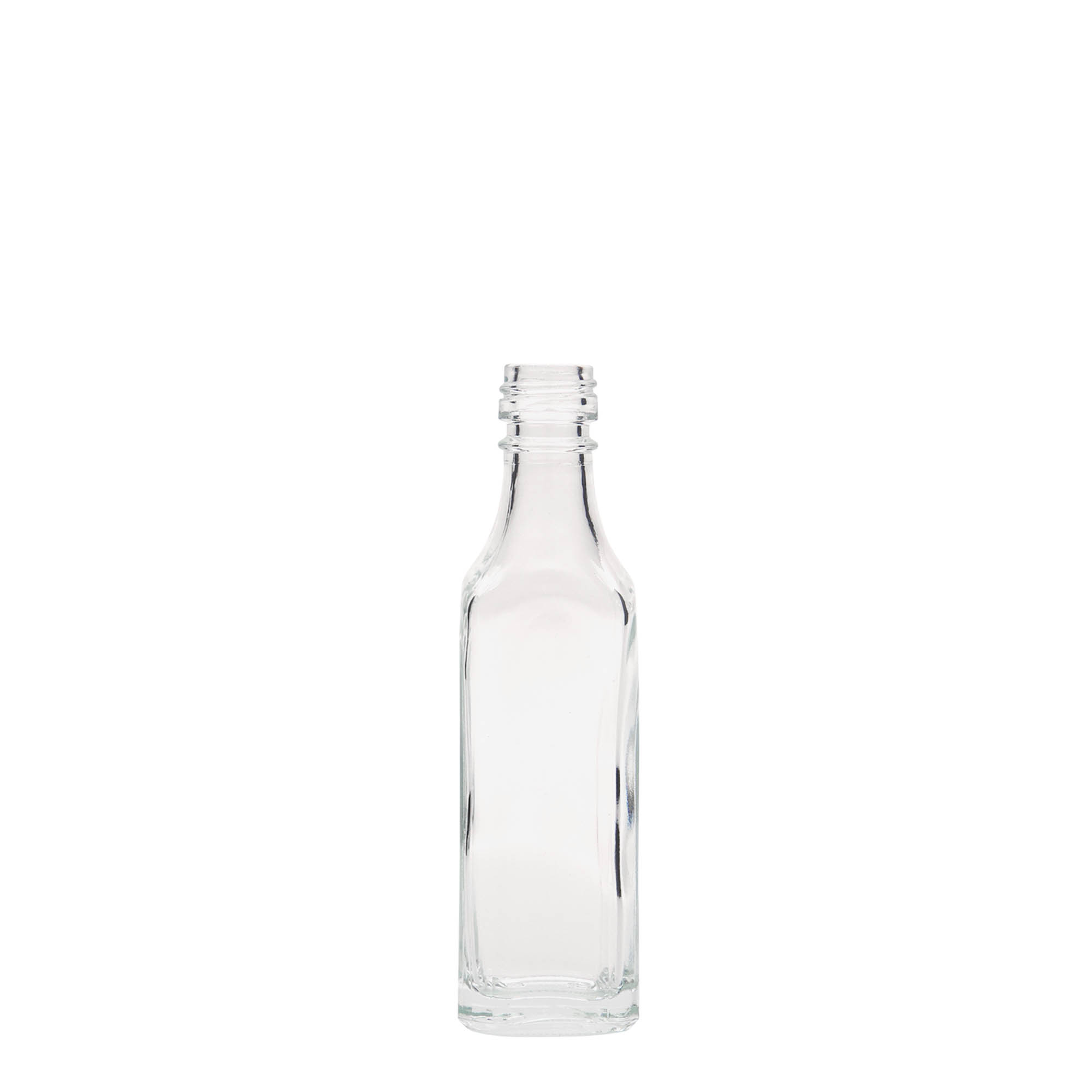 Bottiglia di vetro da 50 ml 'Siena', quadrata, bocca: PP 18 Bottiglia di vetro da 50 ml 'Siena', quadrata, bocca: PP 18