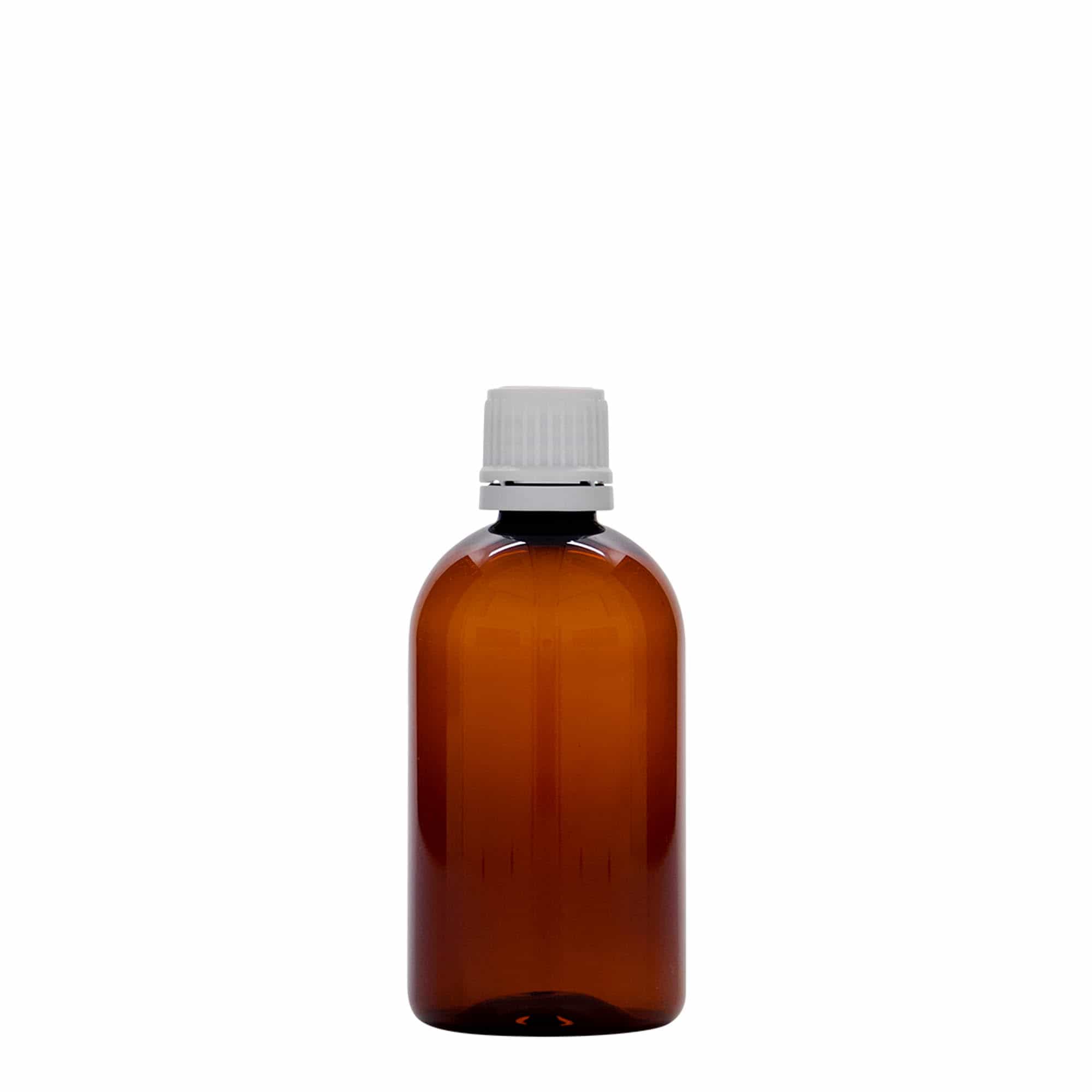 100 ml bottiglia medica in PET 'Easy Living', marrone, plastica, bocca: DIN 18