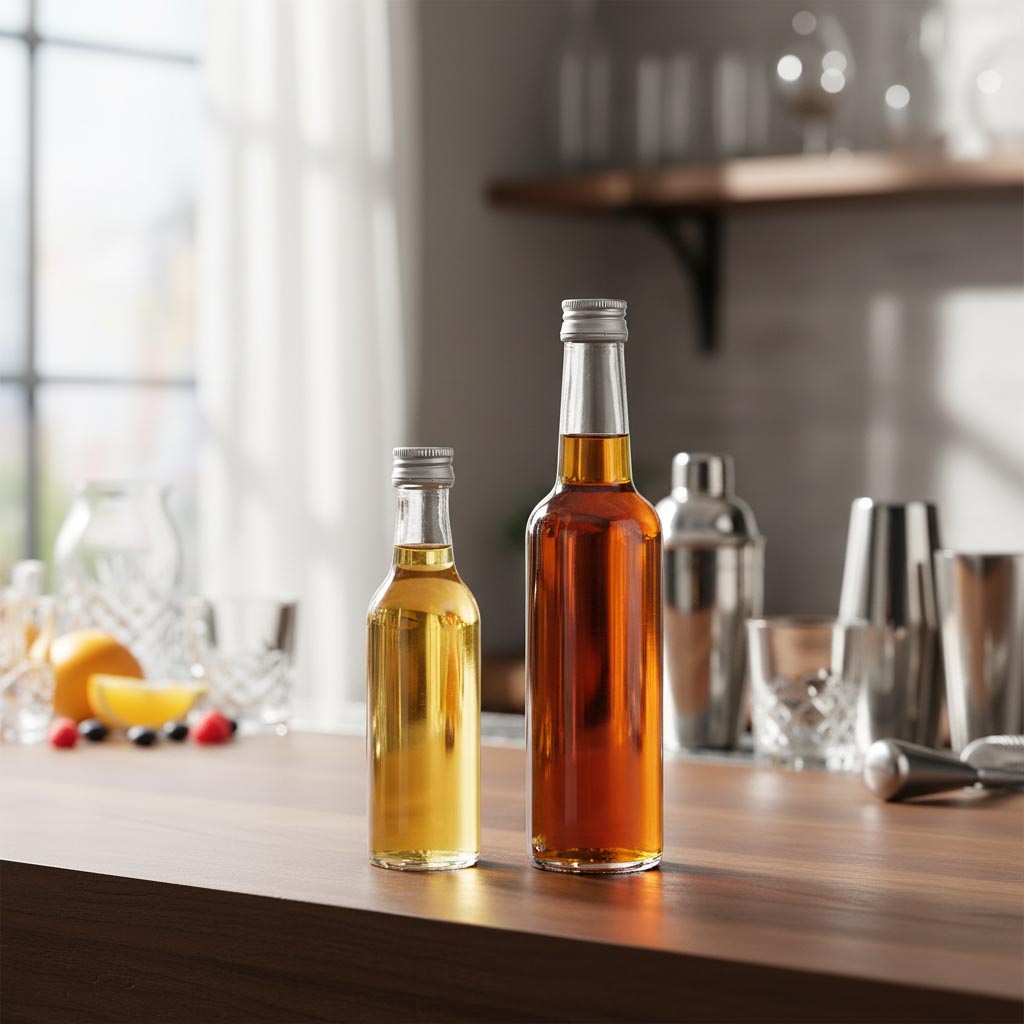 Bottiglia di vetro da 50 ml con collo dritto, bocca: PP 18 Bottiglia di vetro da 50 ml con collo dritto, bocca: PP 18