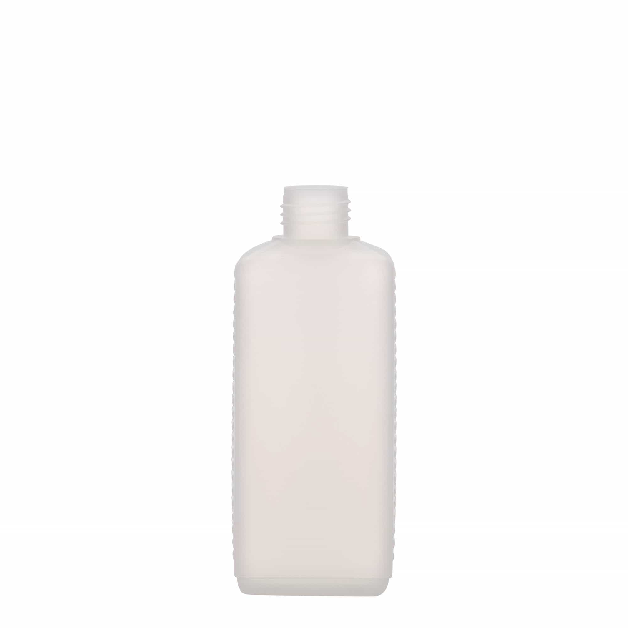 Bottiglia a tanica da 250 ml, rettangolare, plastica HDPE, naturale, bocca: DIN 25 EPE