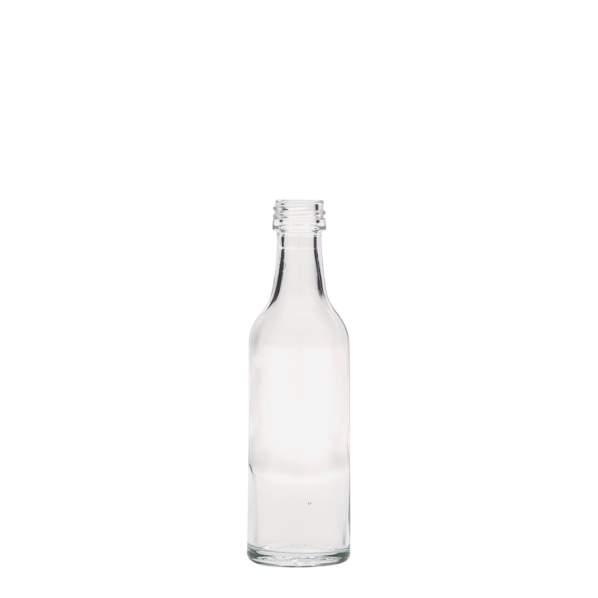 Bottiglia di vetro da 50 ml con collo dritto, bocca: PP 18 Bottiglia di vetro da 50 ml con collo dritto, bocca: PP 18