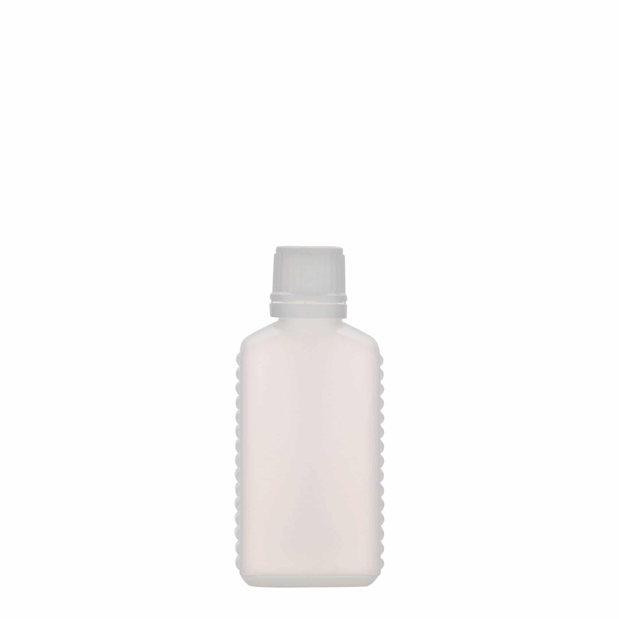 Bottiglia tanica da 50 ml, collo stretto, rettangolare, plastica HDPE, naturale, bocca: DIN 18