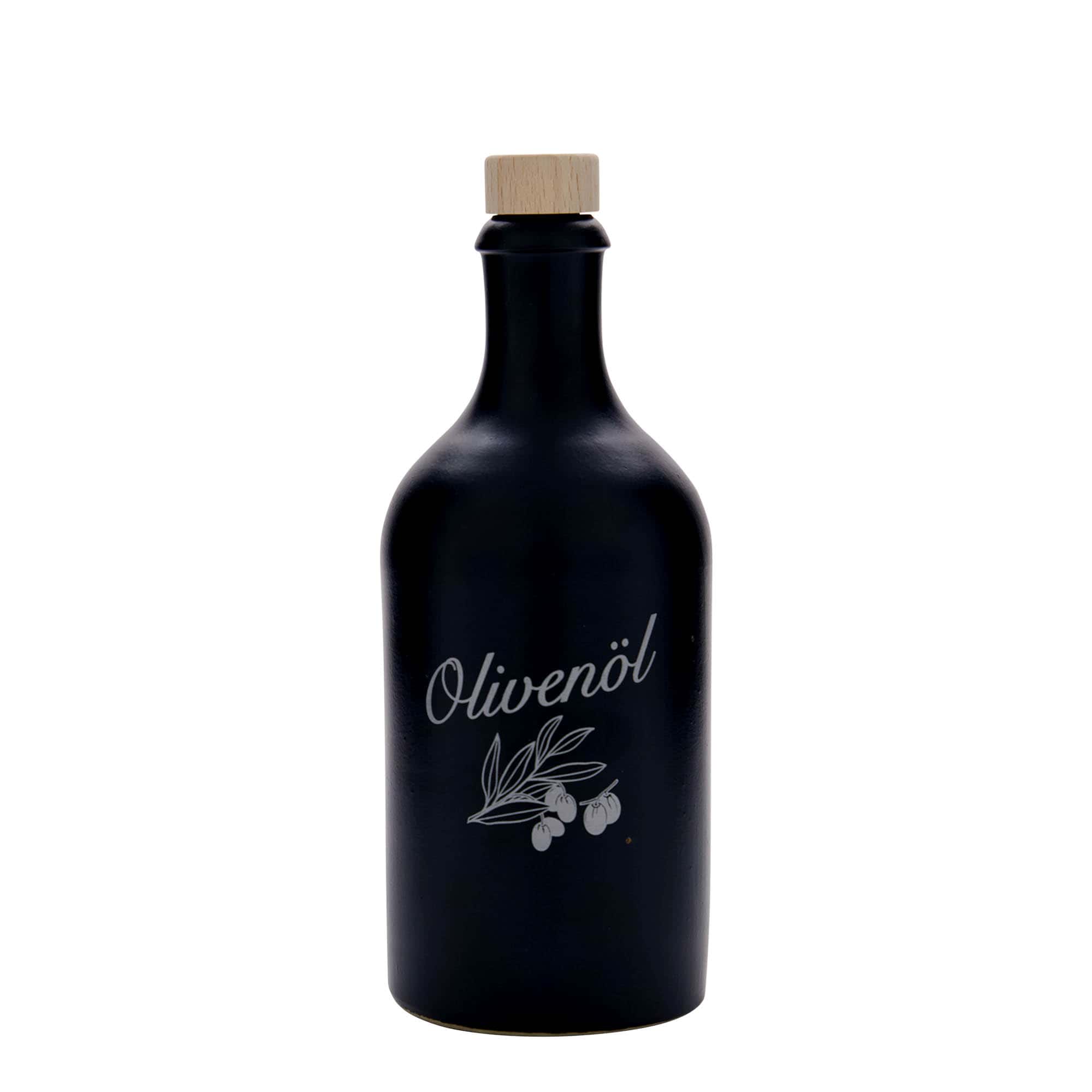 Boccale in terracotta da 500 ml, motivo: olio d'oliva, gres, nero, bocca: sughero