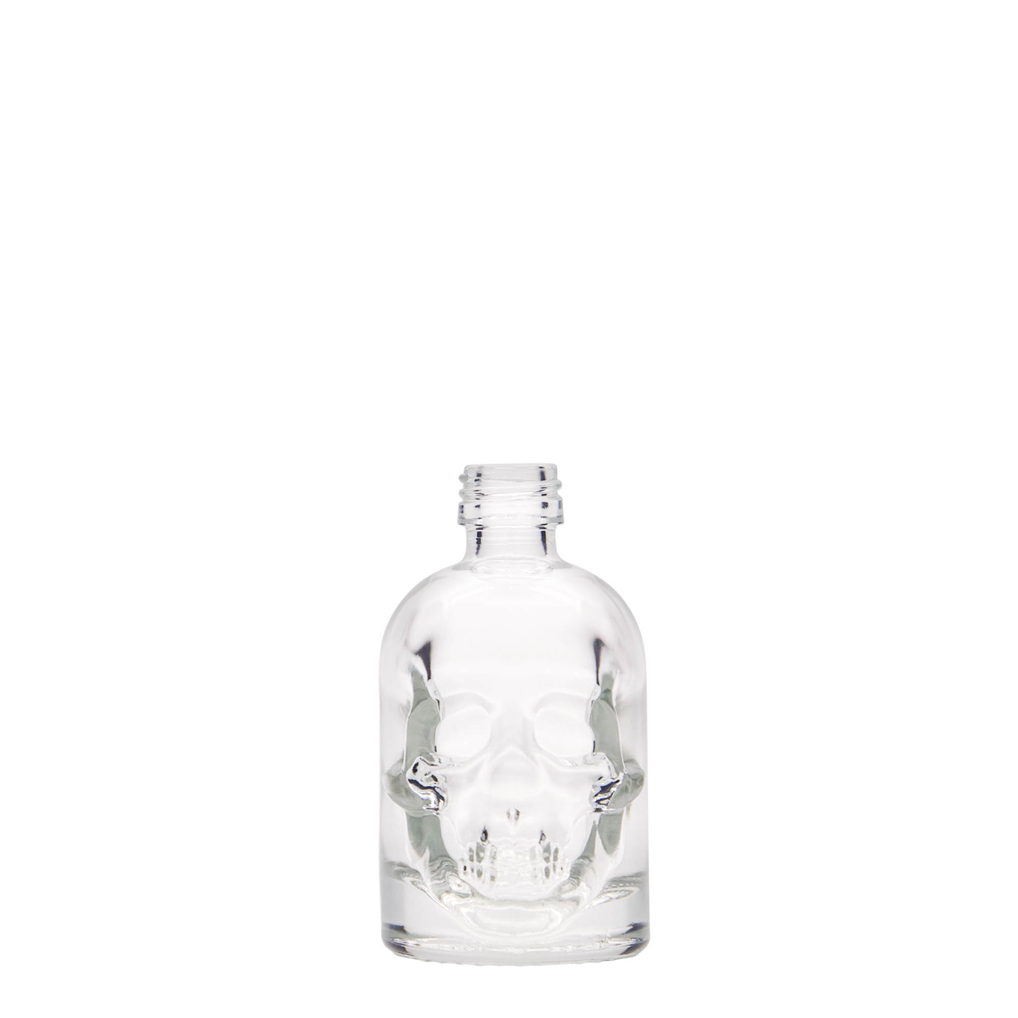 Bottiglia di vetro da 50 ml 'Teschio', bocca: PP 18 Bottiglia di vetro da 50 ml 'Teschio', bocca: PP 18