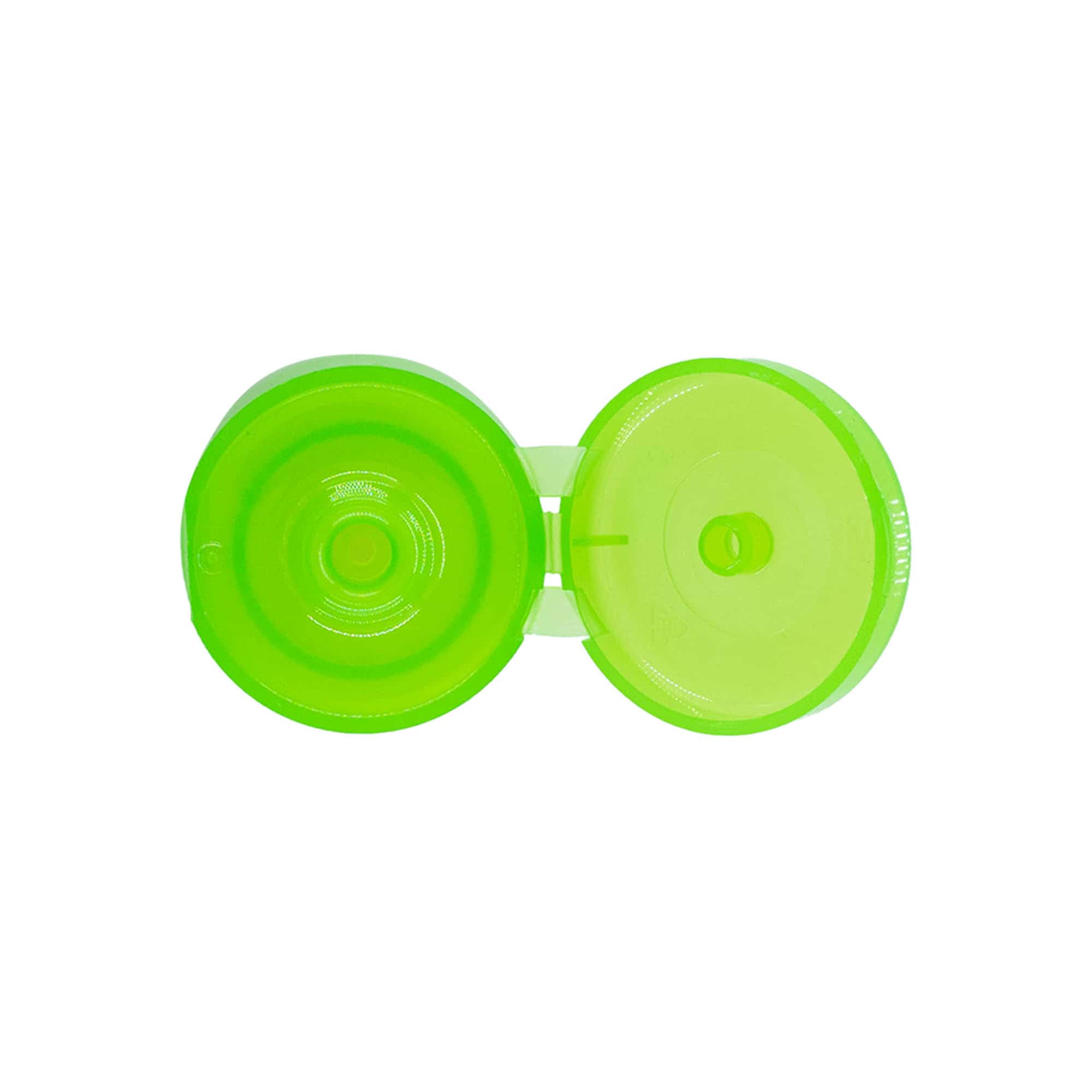 Tappo a vite con cerniera a ribalta, plastica PP, verde, per bocca: 24/410 Tappo a vite con cerniera a ribalta, plastica PP, verde, per bocca: 24/410