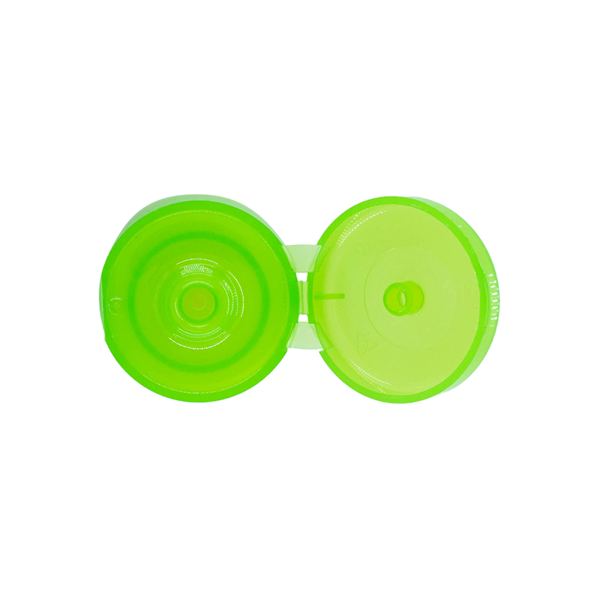 Tappo a vite con cerniera a ribalta, plastica PP, verde, per bocca: 24/410 Tappo a vite con cerniera a ribalta, plastica PP, verde, per bocca: 24/410