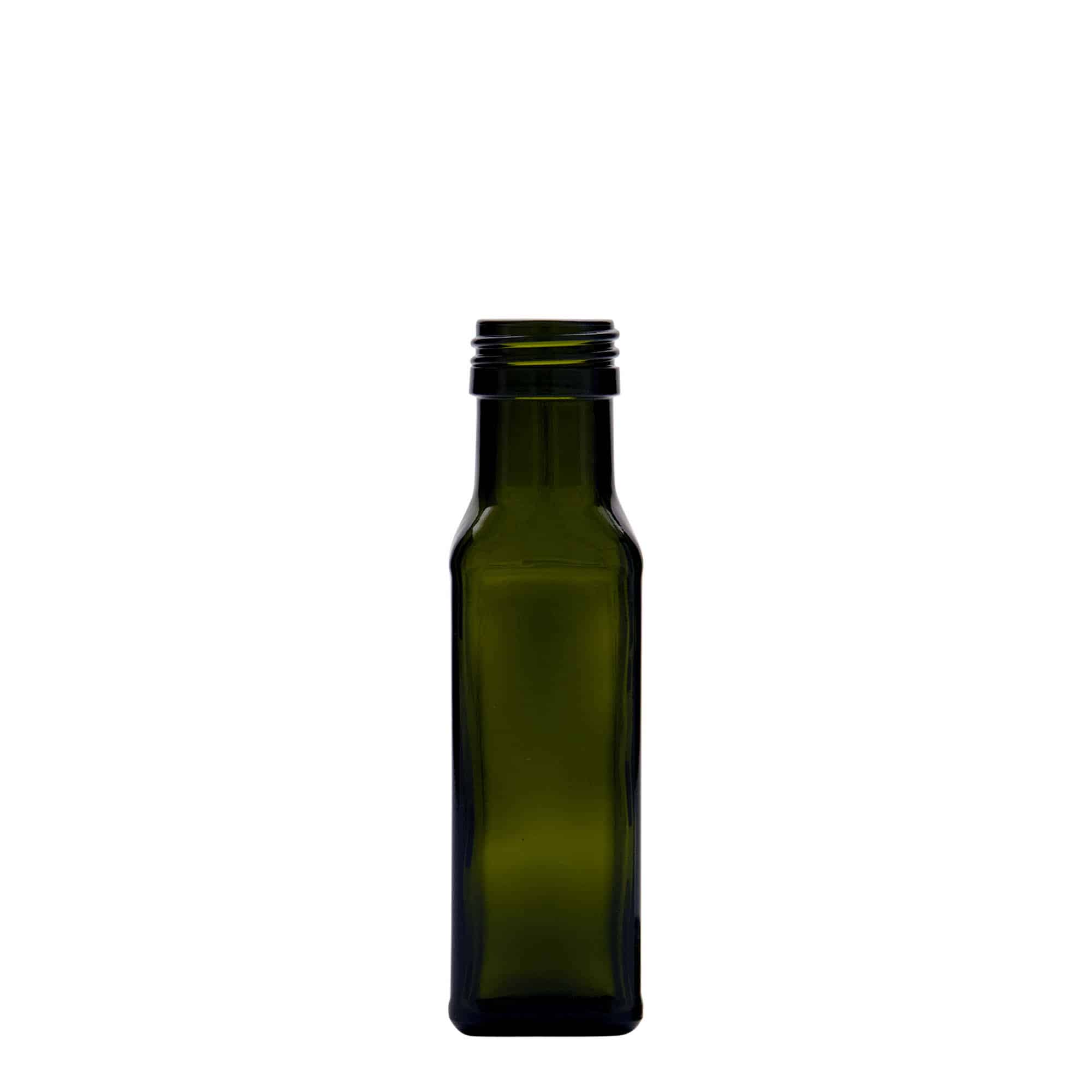 100 ml Bottiglia 'Marasca', vetro, quadrata, verde antico, imboccatura: PP 31,5