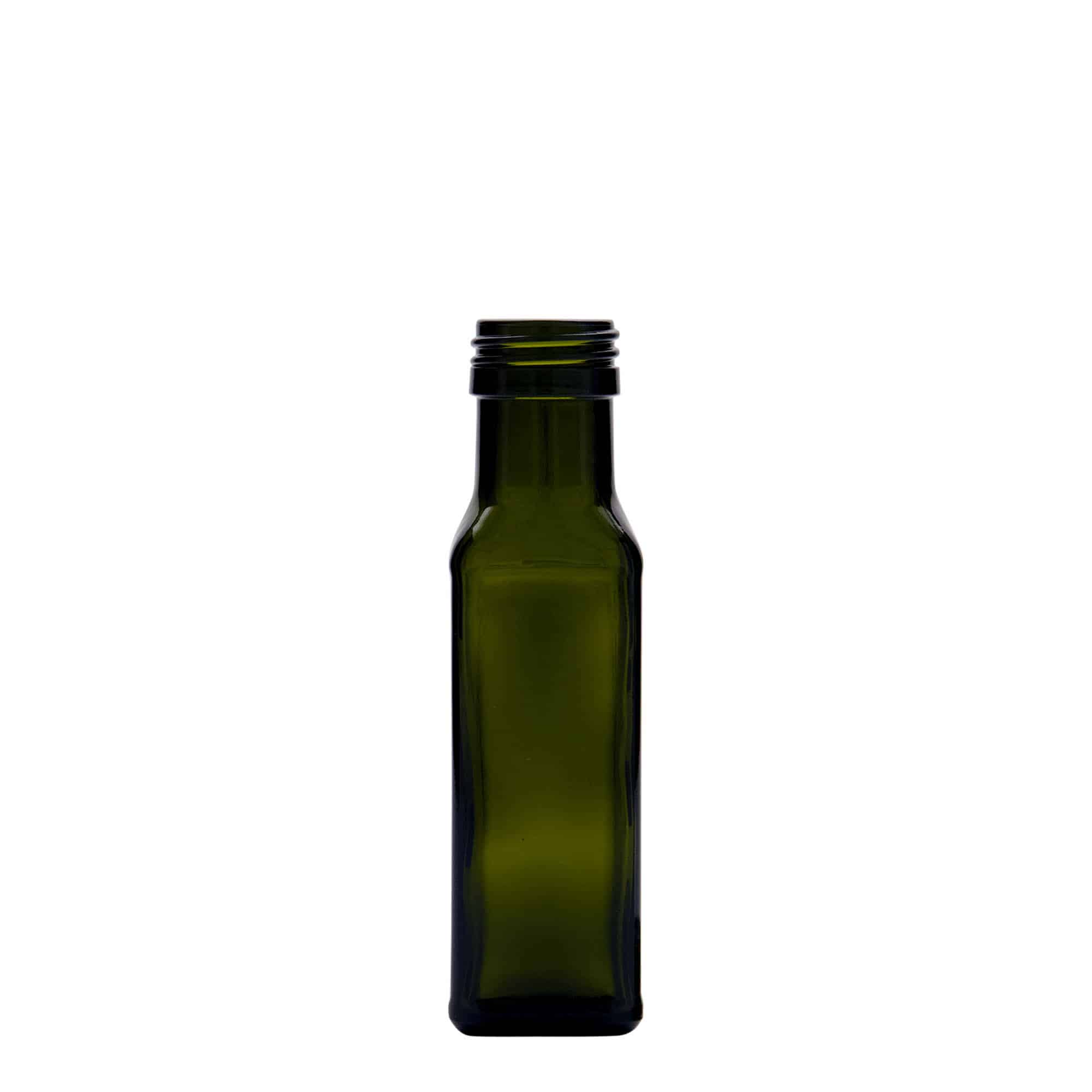 Bottiglia di vetro da 100 ml 'Marasca', quadrata, verde antico, bocca: PP 31,5