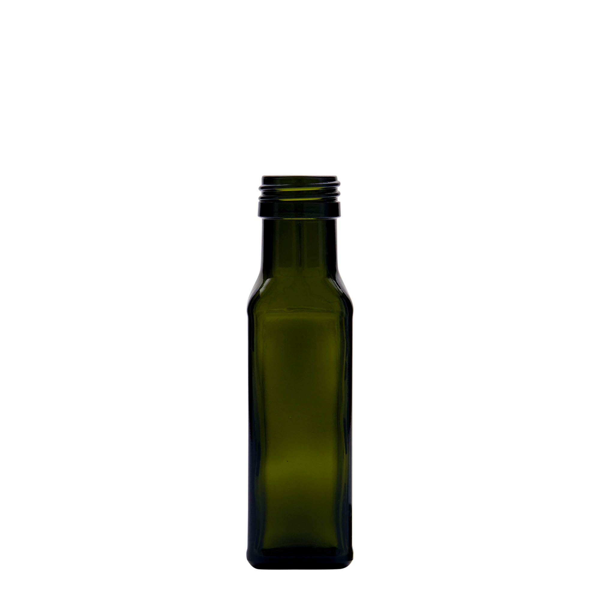 Bottiglia di vetro da 100 ml 'Marasca', quadrata, verde antico, bocca: PP 31,5 Bottiglia di vetro da 100 ml 'Marasca', quadrata, verde antico, bocca: PP 31,5