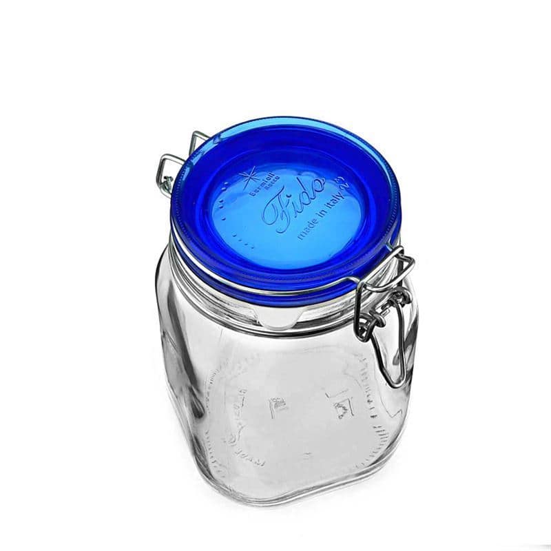 1.000 ml Barattolo ermetico 'Fido' Blue Top, quadrato, vetro, imboccatura: chiusura meccanica