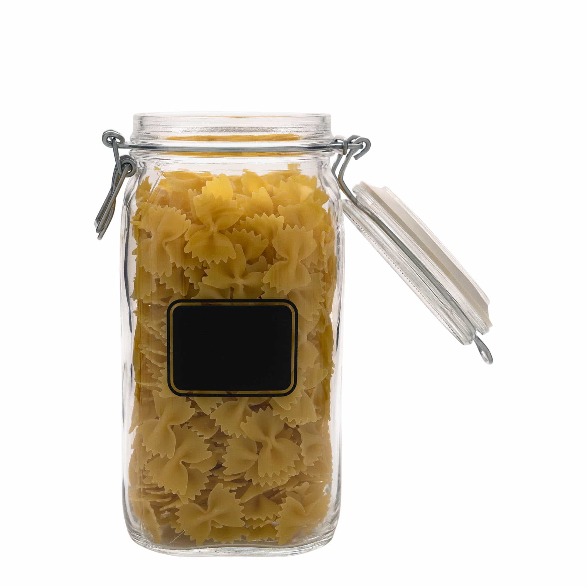 Barattolo con chiusura a molla da 1.500 ml 'Fido', motivo: campo per etichetta, quadrato, bocca: chiusura a molla Barattolo con chiusura a molla da 1.500 ml 'Fido', motivo: campo per etichetta, quadrato, bocca: chiusura a molla