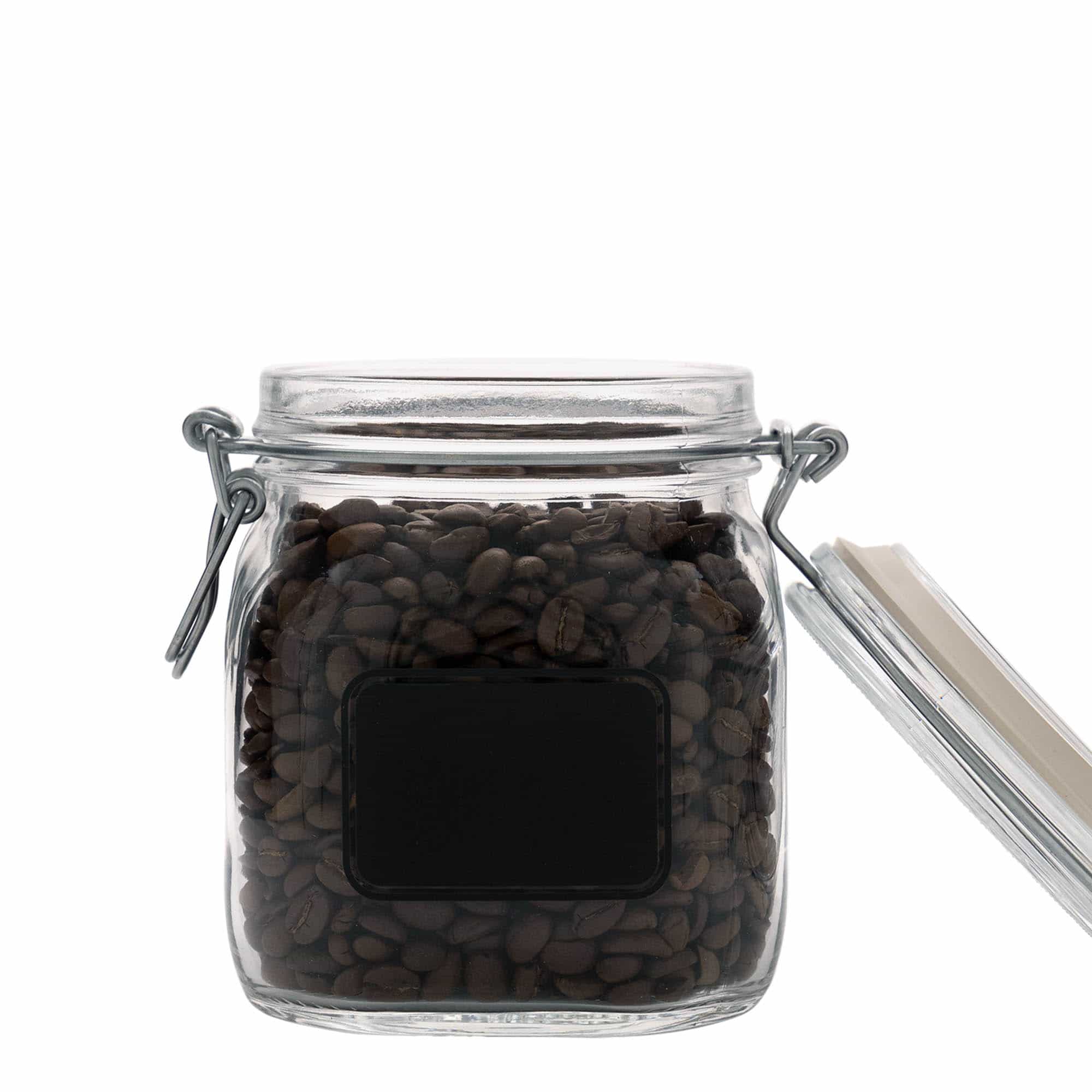 750 ml Barattolo ermetico 'Fido', motivo: Etichetta/lavagna, quadrato, vetro, imboccatura: chiusura meccanica