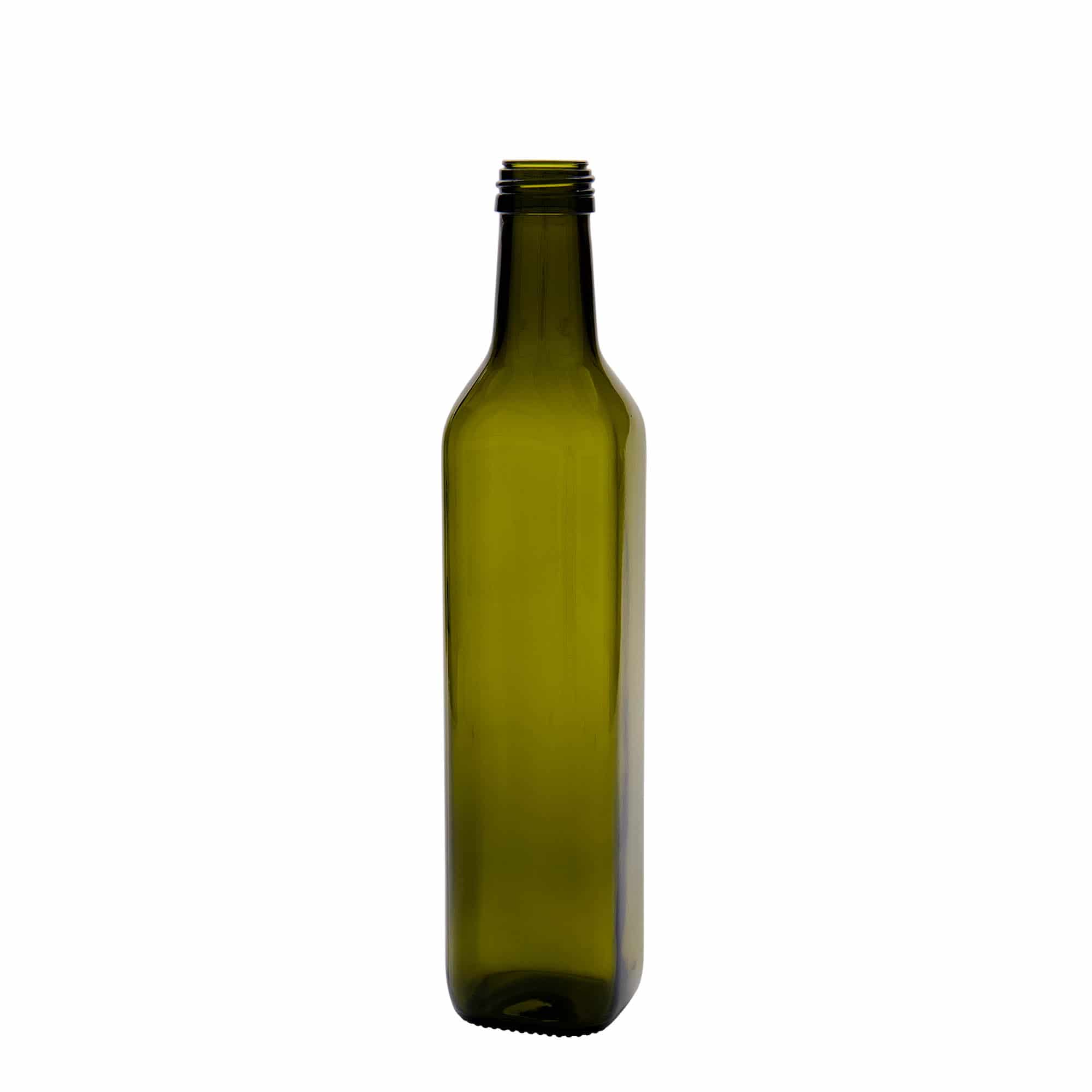 Bottiglia di vetro da 500 ml 'Marasca', quadrata, verde antico, bocca: PP 31,5