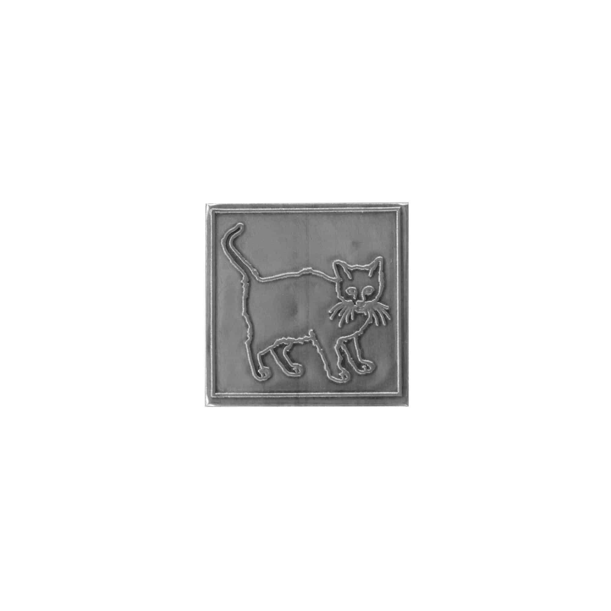 Etichetta in stagno 'Gatto', quadrata, metallo, argento