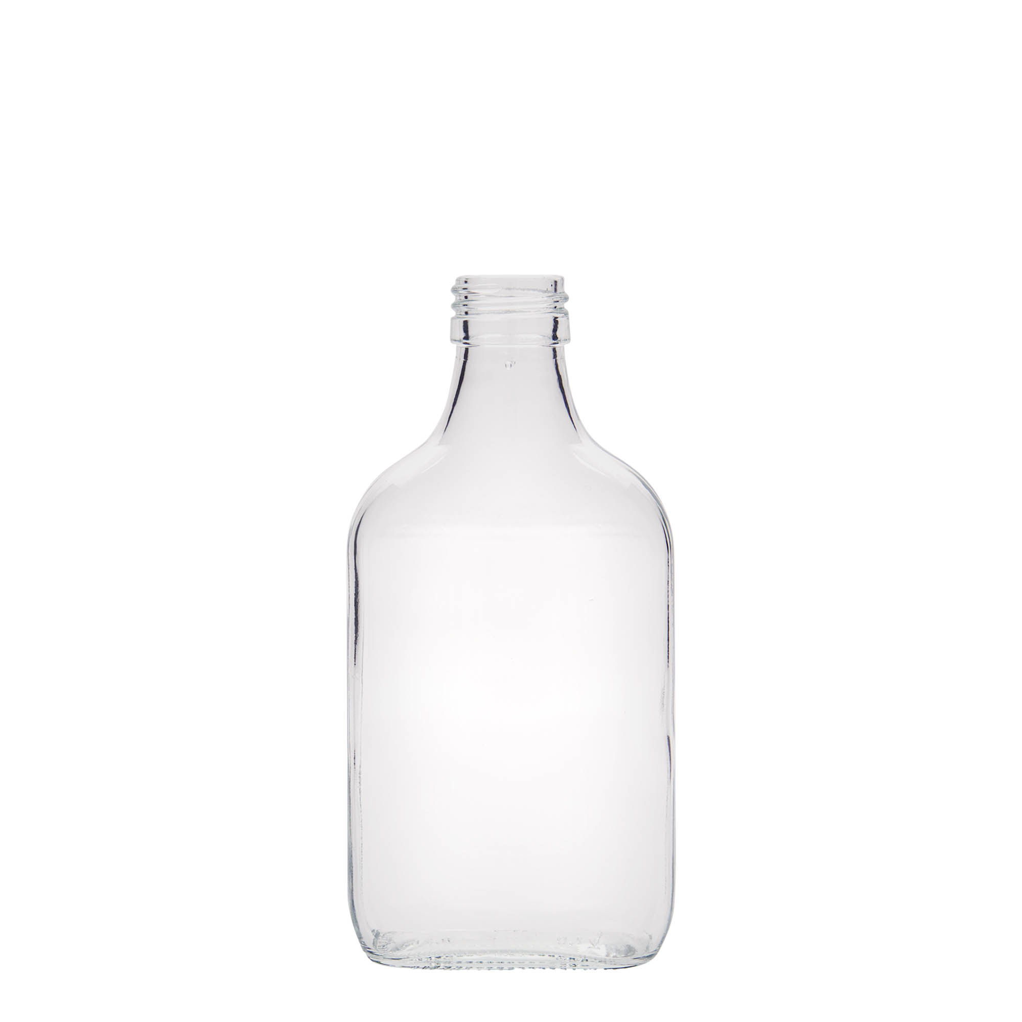 Bottiglia tascabile 200 ml, rettangolare, vetro, bocca: PP 28 Bottiglia tascabile 200 ml, rettangolare, vetro, bocca: PP 28