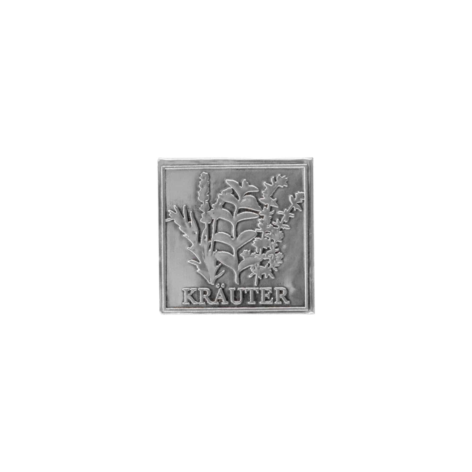 Etichetta in stagno 'Erbe', quadrata, metallo, argento