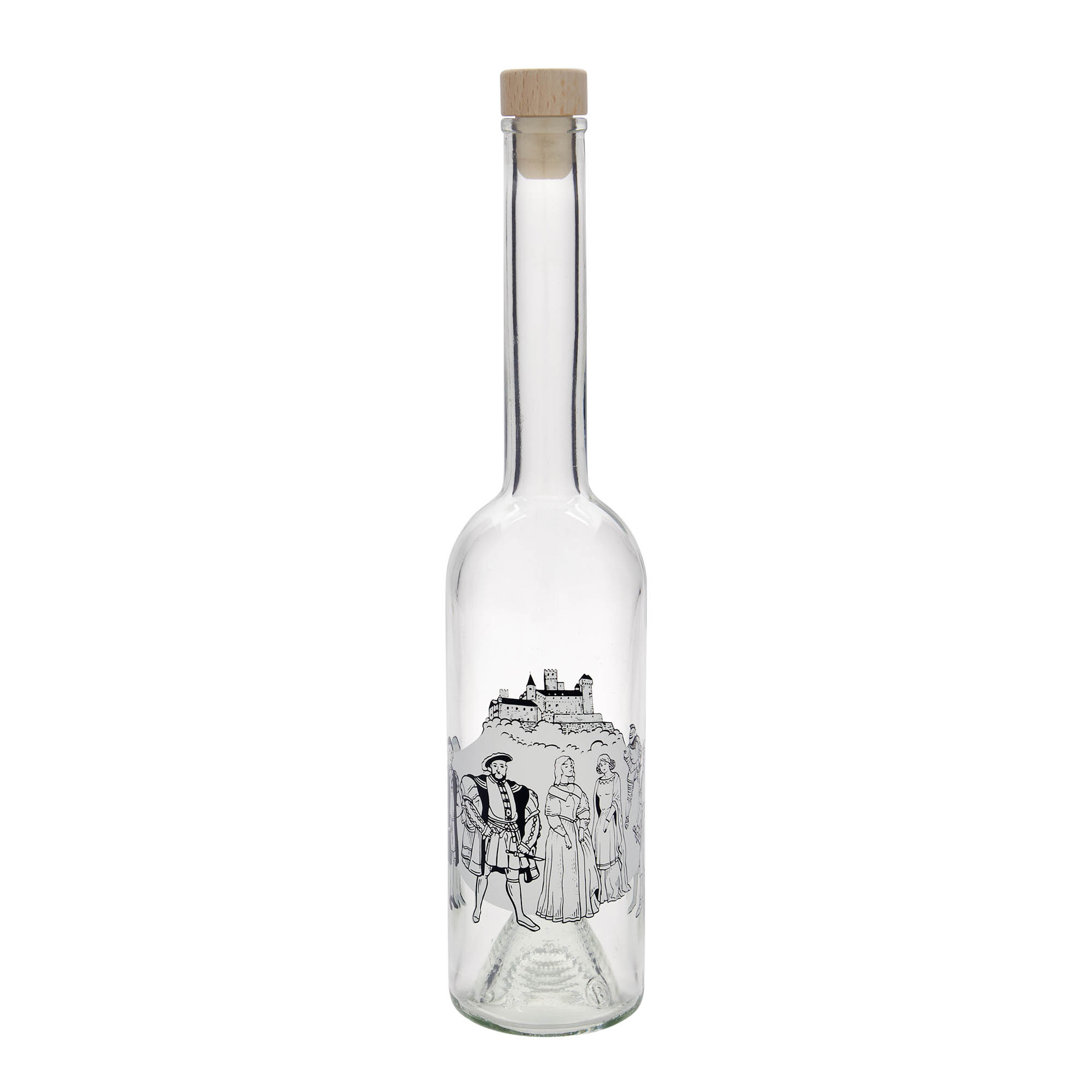 Bottiglia di vetro da 500 ml 'Opera', motivo: Medioevo, bocca: tappo di sughero Bottiglia di vetro da 500 ml 'Opera', motivo: Medioevo, bocca: tappo di sughero