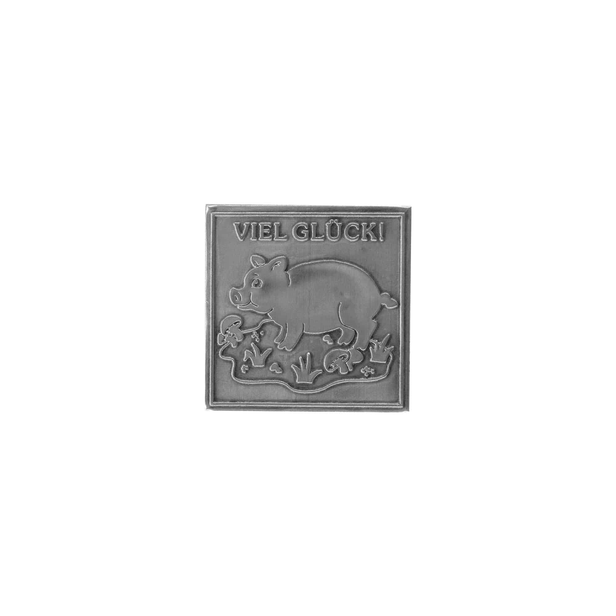 Etichetta in stagno 'Buona fortuna', quadrata, metallo, argento