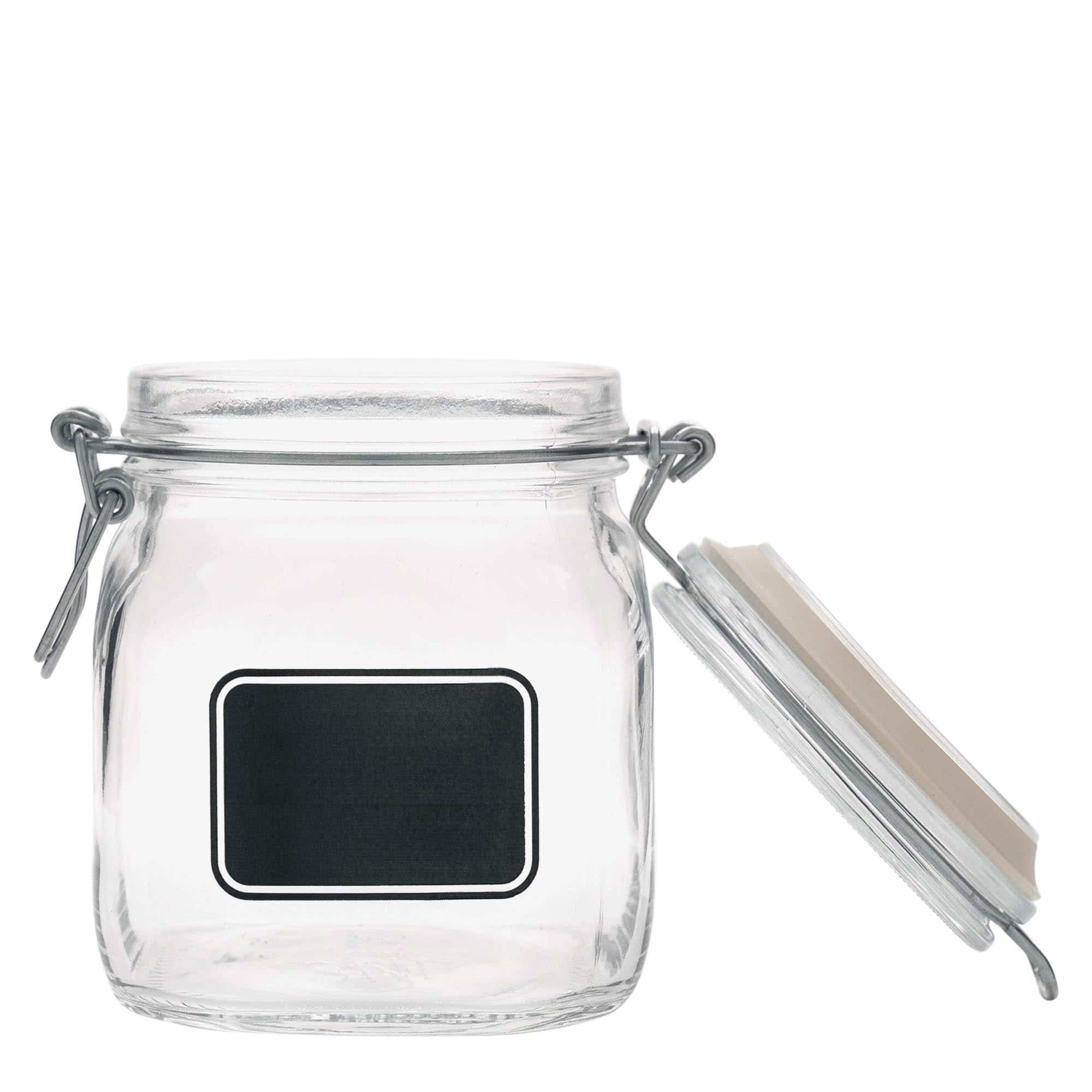 Vaso con chiusura a molla da 750 ml 'Fido', motivo: campo etichetta, quadrato, apertura: chiusura a molla