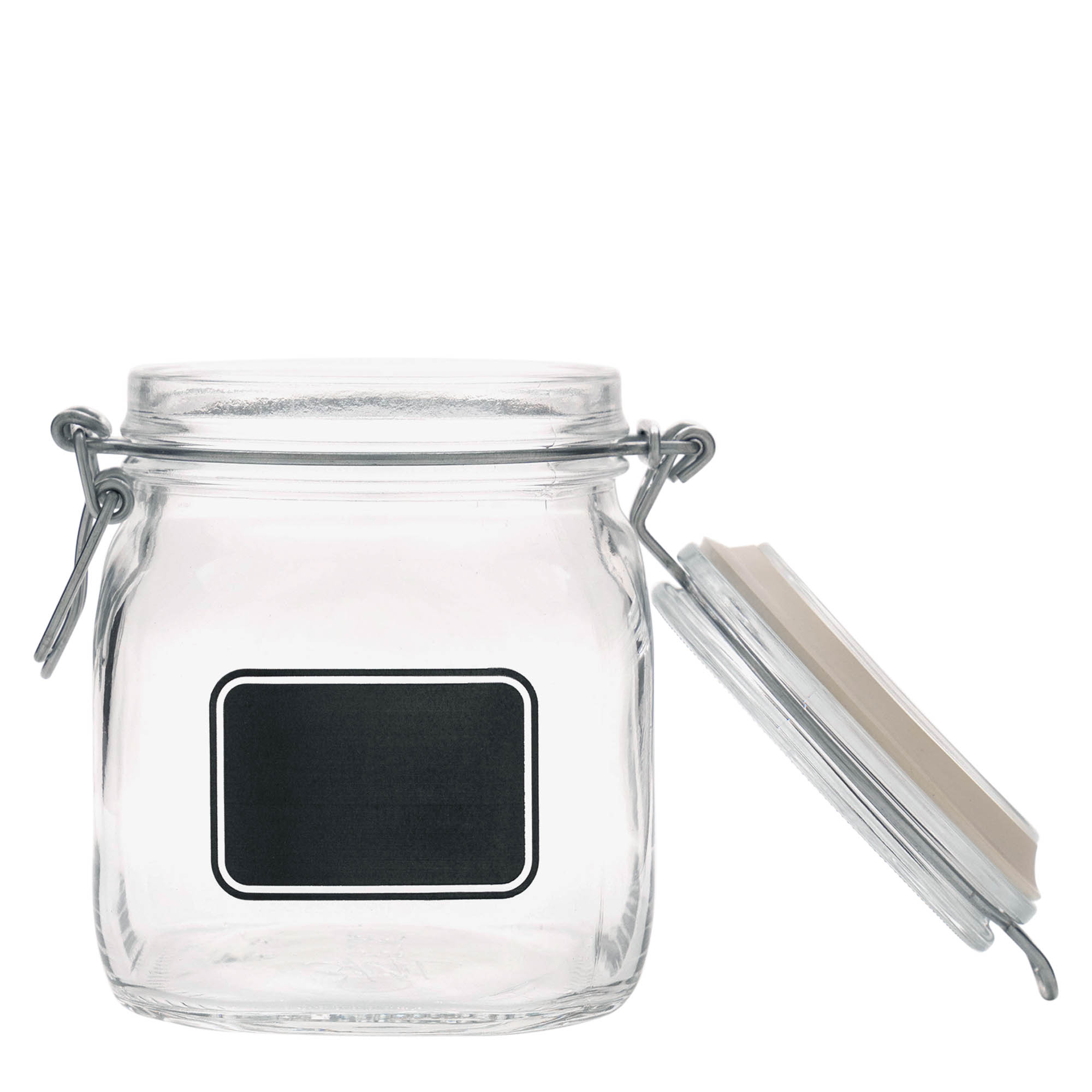 Vaso con chiusura a molla da 750 ml 'Fido', motivo: campo etichetta, quadrato, apertura: chiusura a molla