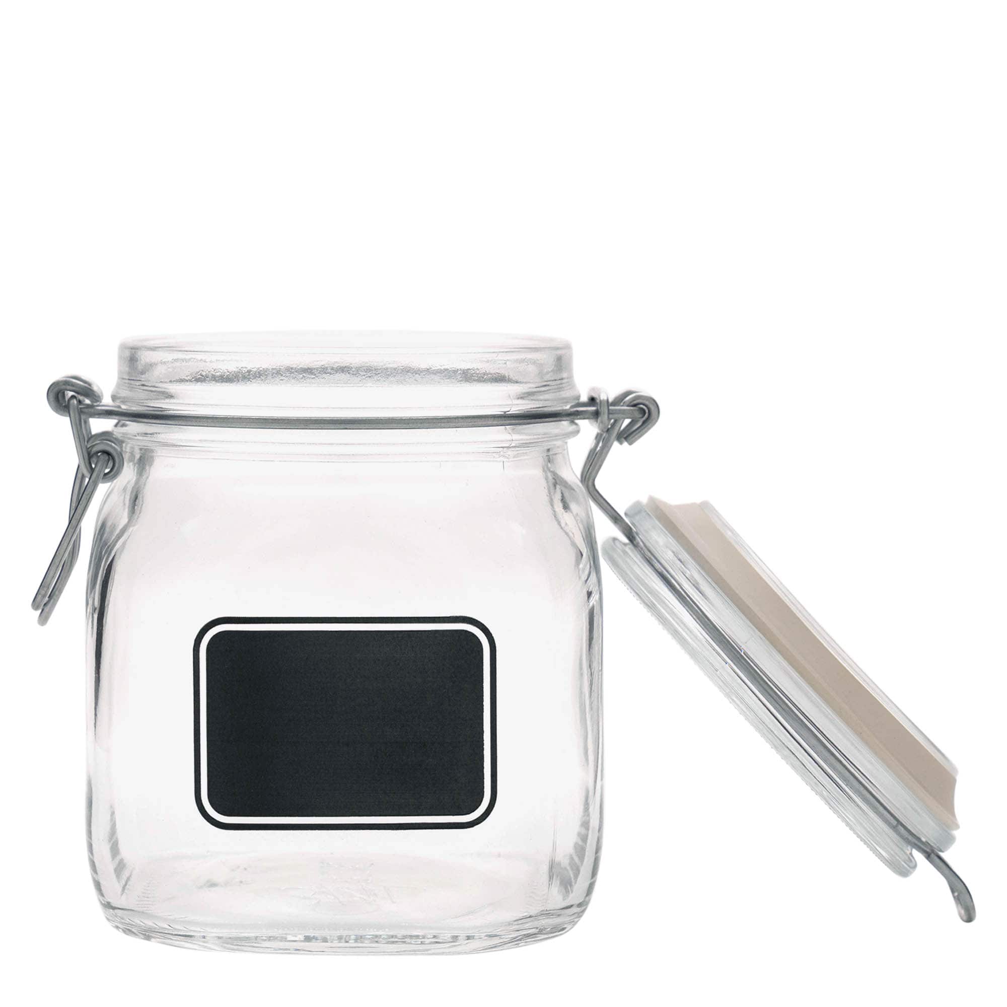 Vaso con chiusura a molla da 750 ml 'Fido', motivo: campo etichetta, quadrato, apertura: chiusura a molla