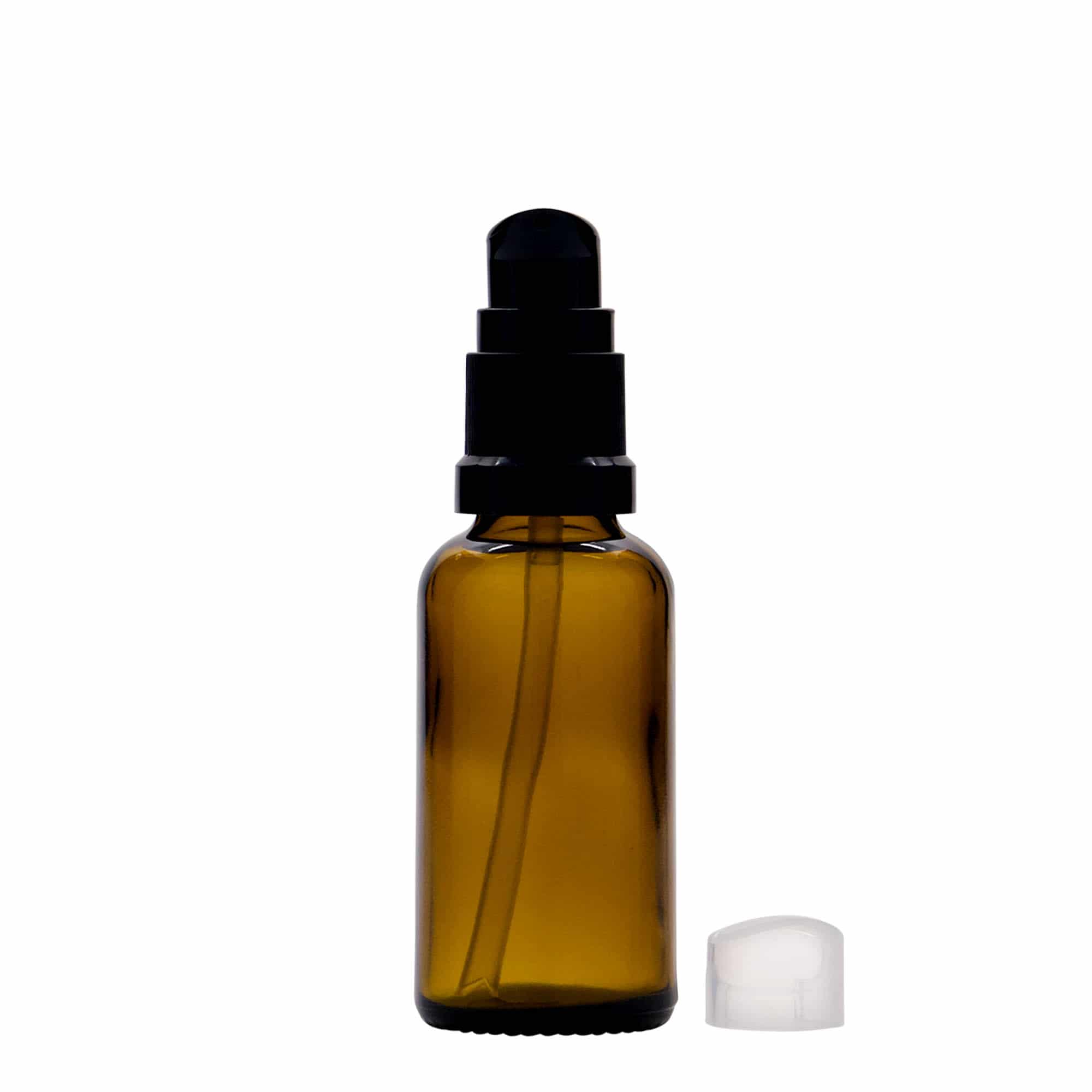 30 ml flacone medico con pompa per lozione, vetro, marrone, bocca: DIN 18