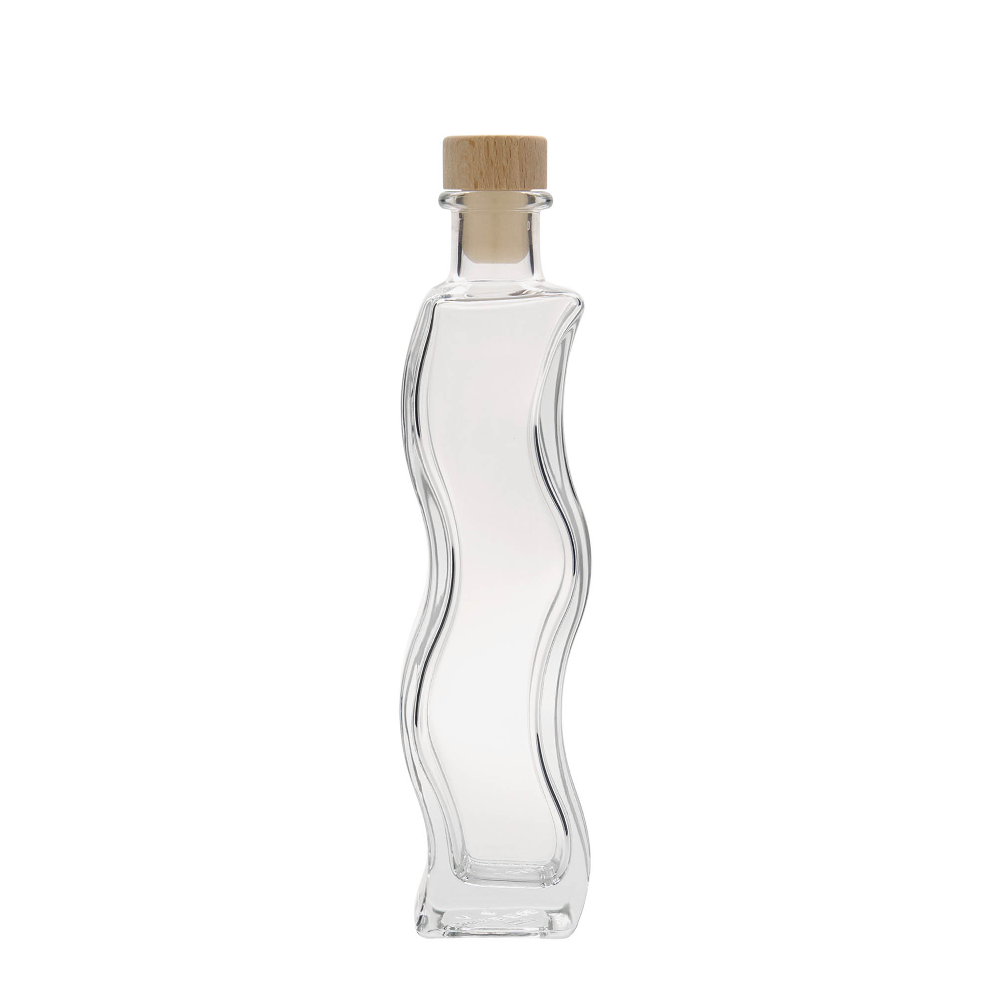 Bottiglia di vetro da 200 ml 'Welle', quadrata, bocca: tappo di sughero Bottiglia di vetro da 200 ml 'Welle', quadrata, bocca: tappo di sughero