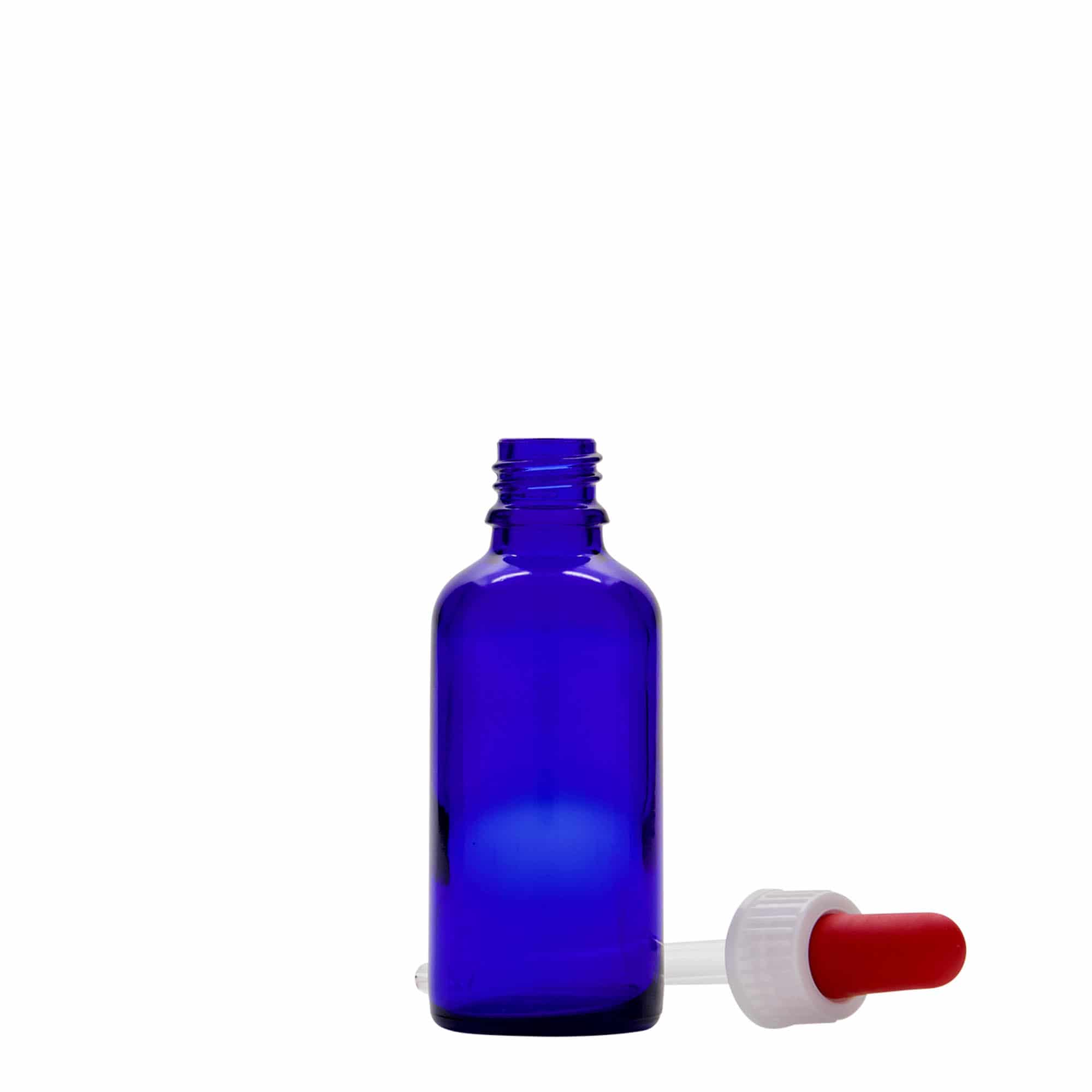50 ml Flacone con contagocce medicina, vetro, blu reale-rosso, bocca: DIN 18
