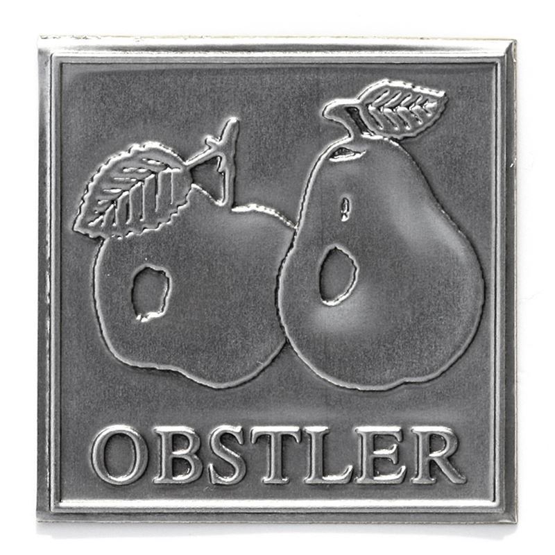 Etichetta in stagno 'Obstler', quadrata, metallo, argento Etichetta in stagno 'Obstler', quadrata, metallo, argento