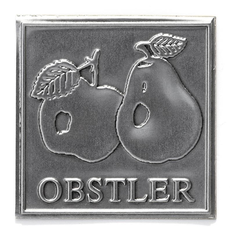 Etichetta in stagno 'Obstler', quadrata, metallo, argento