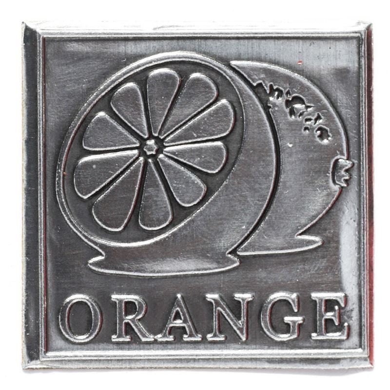 Etichetta in stagno 'Arancione', quadrata, metallo, argento