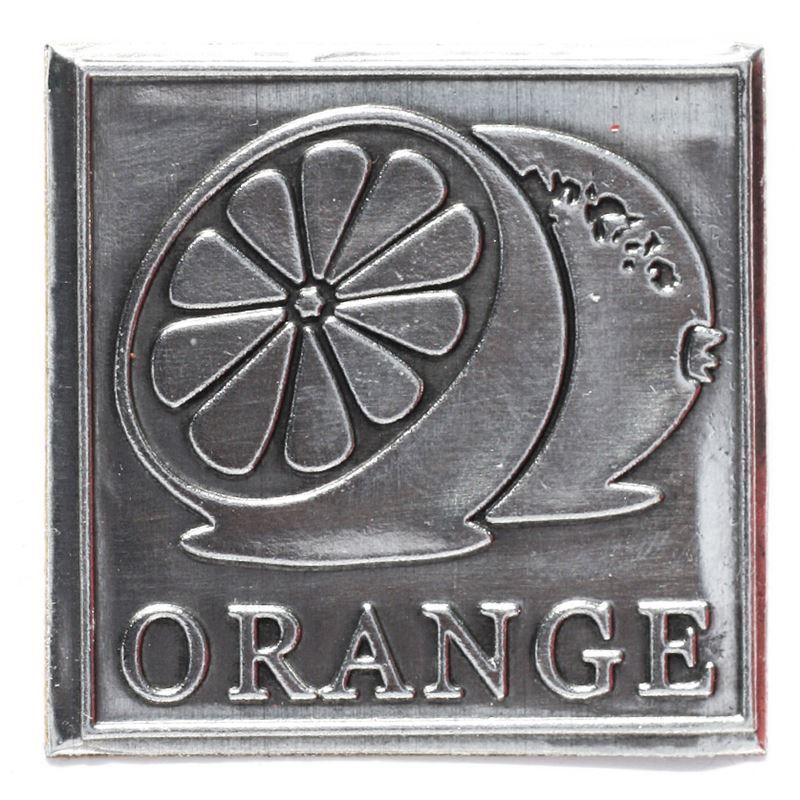 Etichetta in stagno 'Arancione', quadrata, metallo, argento