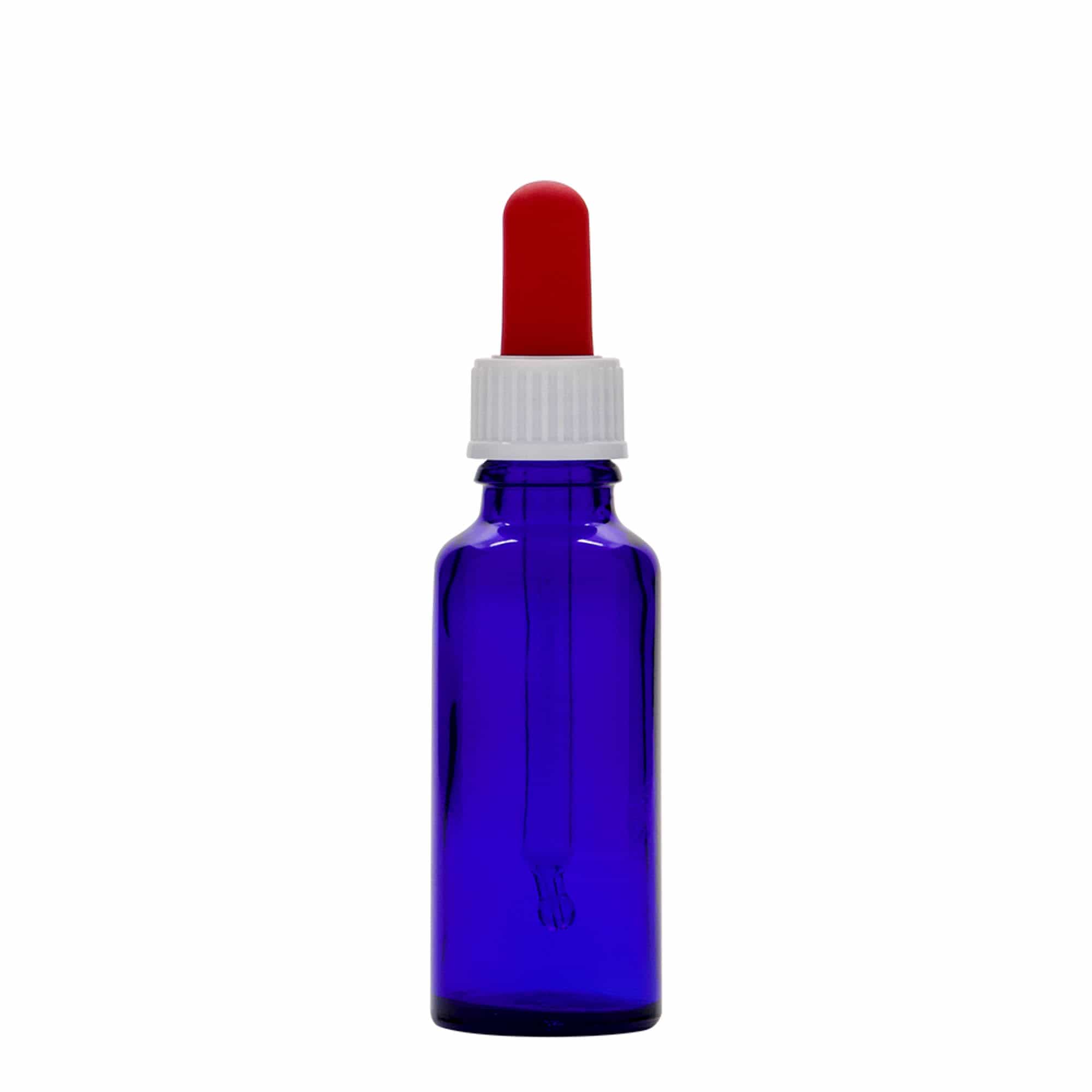 30 ml Flacone con contagocce medicina, vetro, blu reale-rosso, bocca: DIN 18