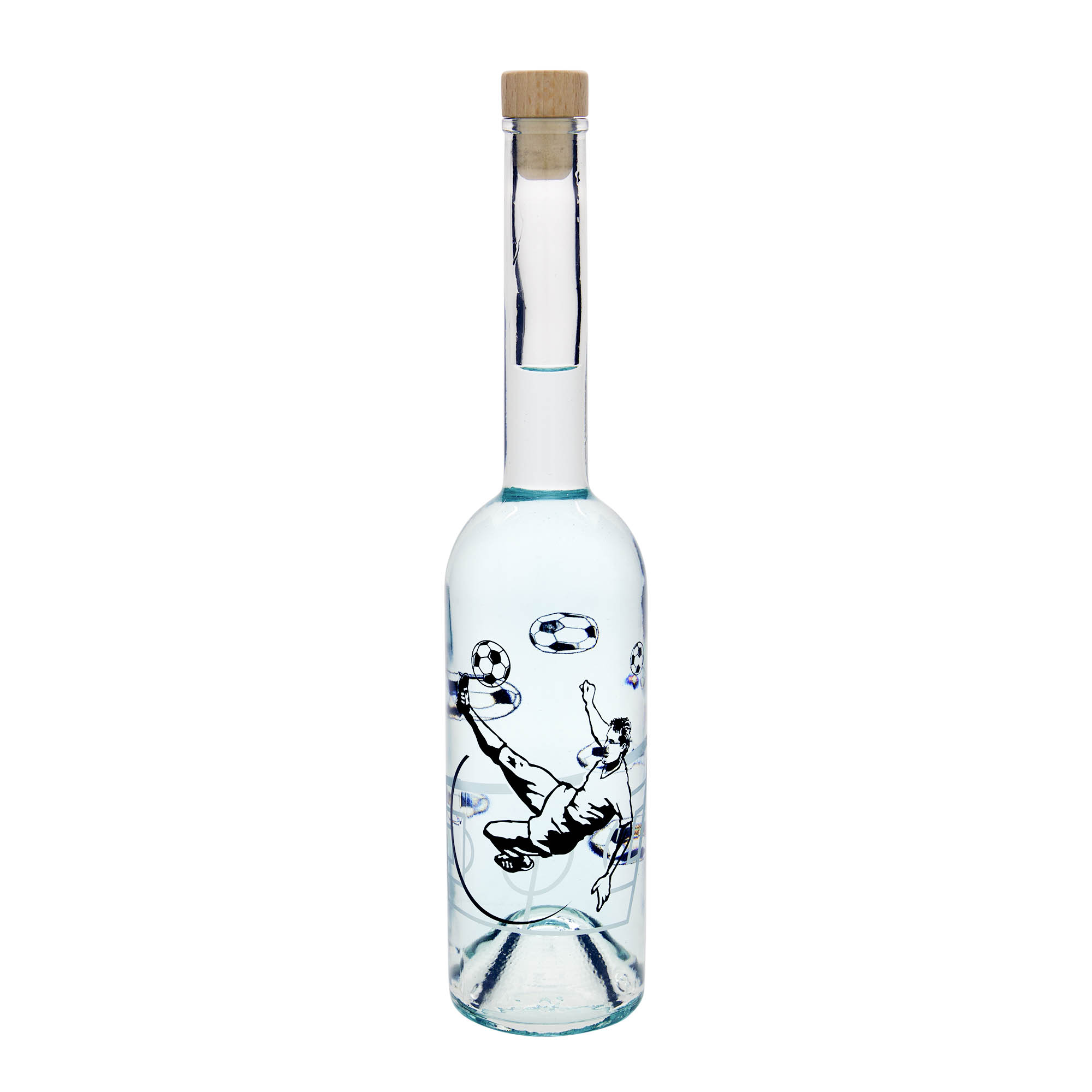 Bottiglia di vetro da 500 ml 'Opera', motivo: giocatore di calcio, bocca: tappo in sughero Bottiglia di vetro da 500 ml 'Opera', motivo: giocatore di calcio, bocca: tappo in sughero