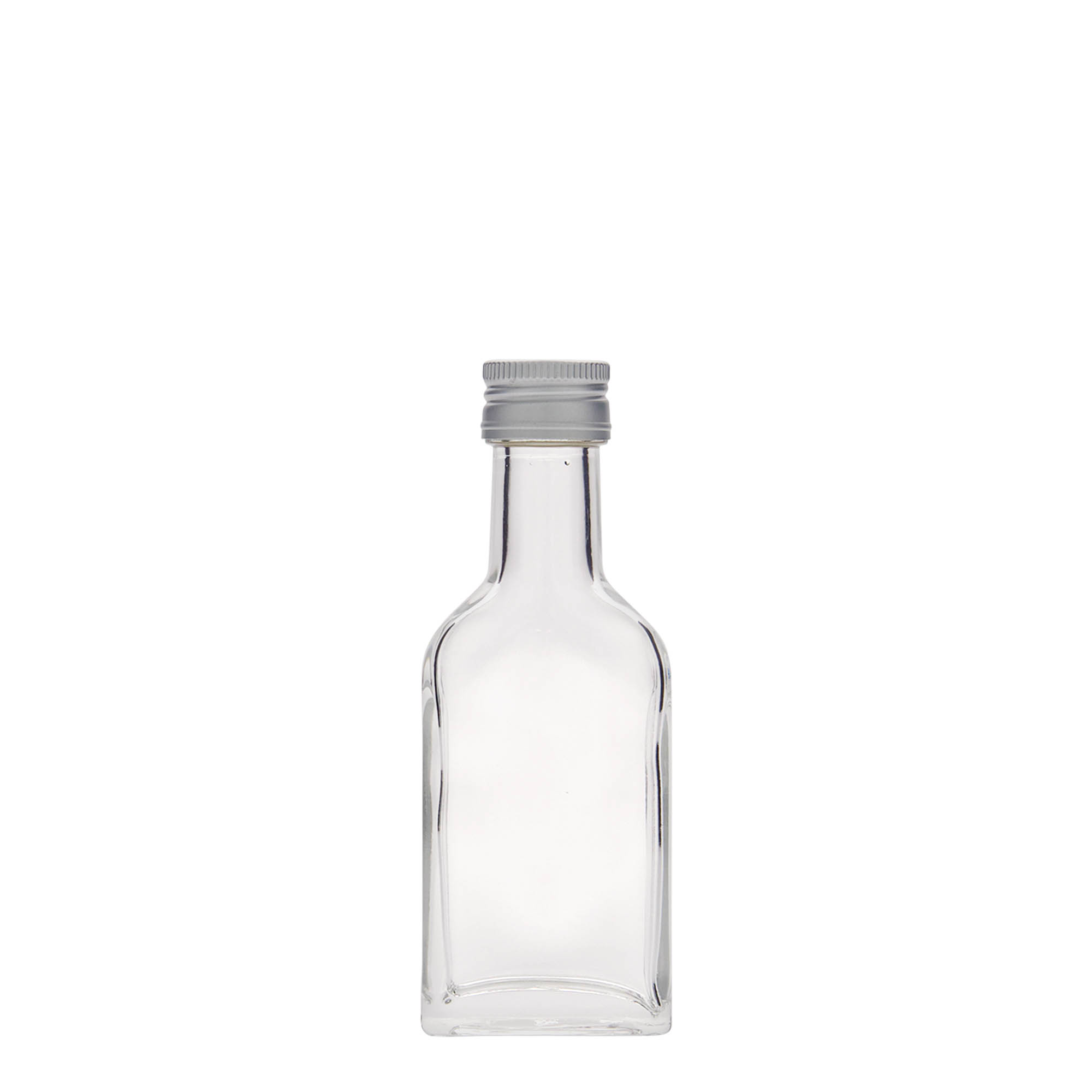 Bottiglia tascabile da 40 ml, collo lungo, rettangolare, vetro, bocca: PP 22 Bottiglia tascabile da 40 ml, collo lungo, rettangolare, vetro, bocca: PP 22