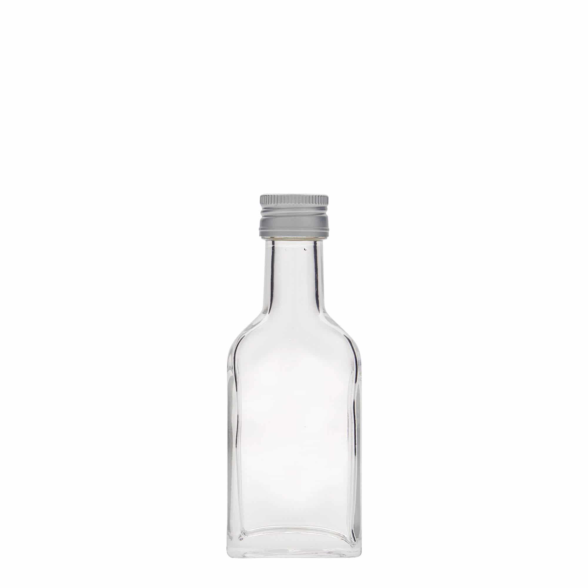 Bottiglia tascabile da 40 ml, collo lungo, rettangolare, vetro, bocca: PP 22