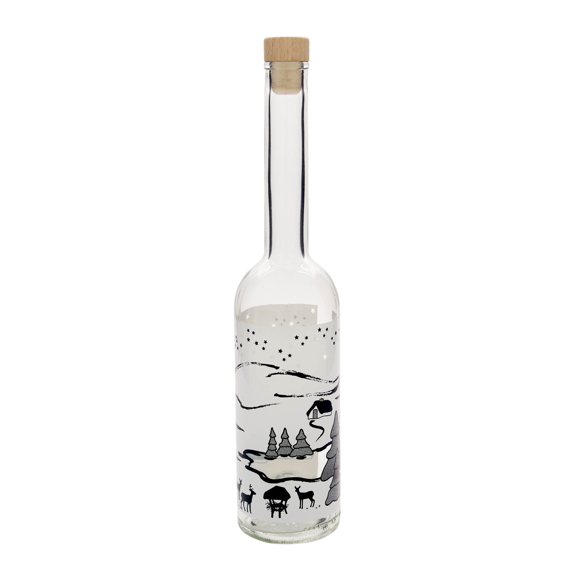 Bottiglia di vetro da 500 ml 'Opera', motivo: Sogno d'inverno-Bianco, bocca: tappo in sughero Bottiglia di vetro da 500 ml 'Opera', motivo: Sogno d'inverno-Bianco, bocca: tappo in sughero