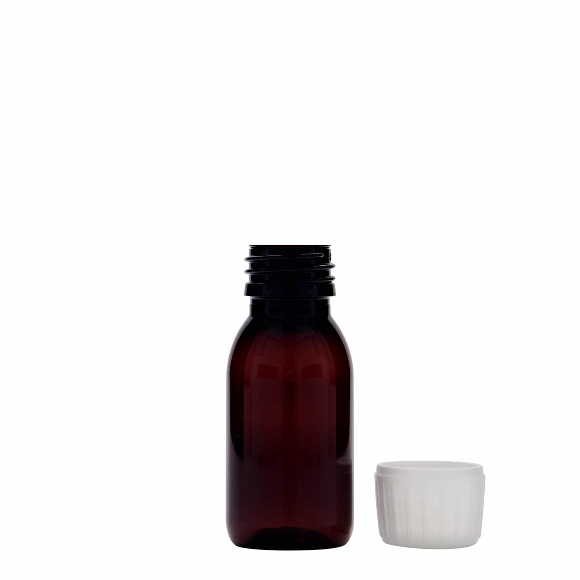 Bottiglia medica in PET da 60 ml, marrone, plastica, bocca: PP 28