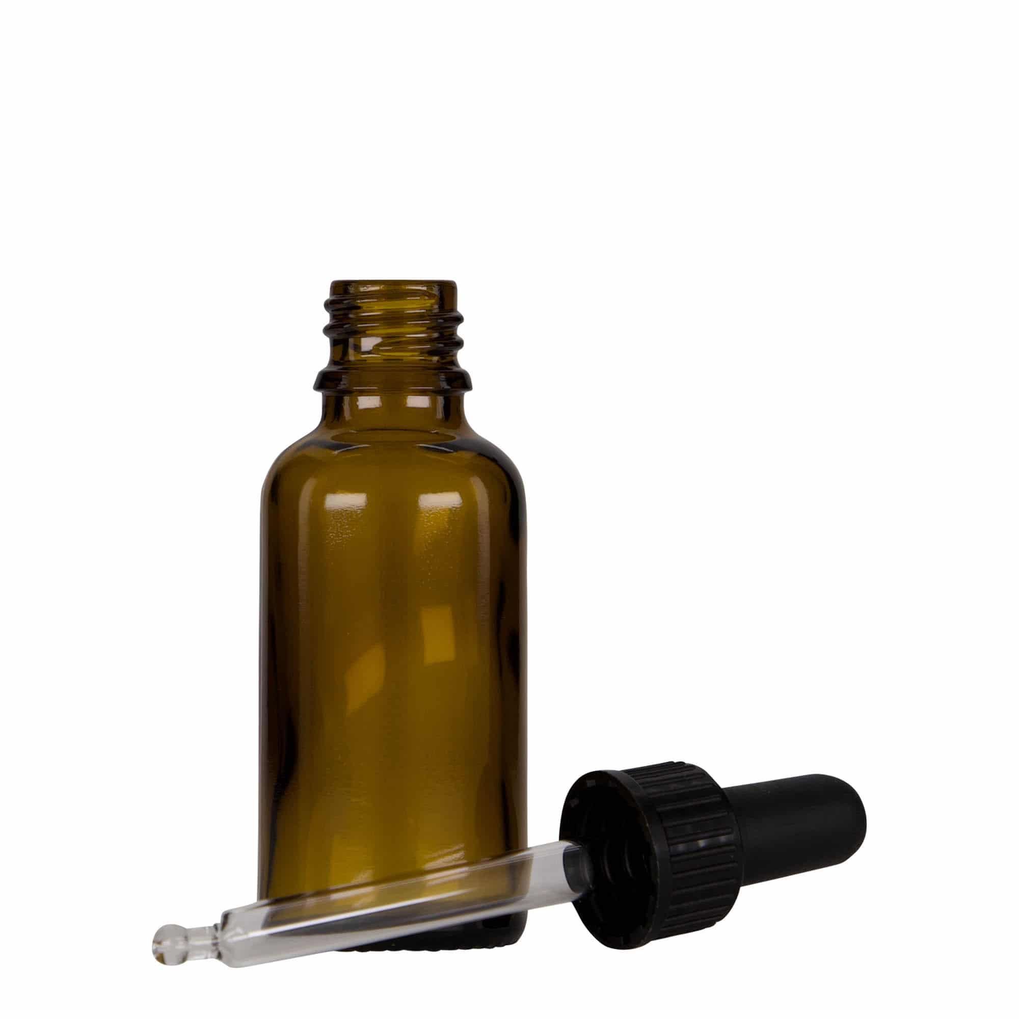30 ml Boccetta con contagocce, vetro, marrone-nero, imboccatura: DIN 18