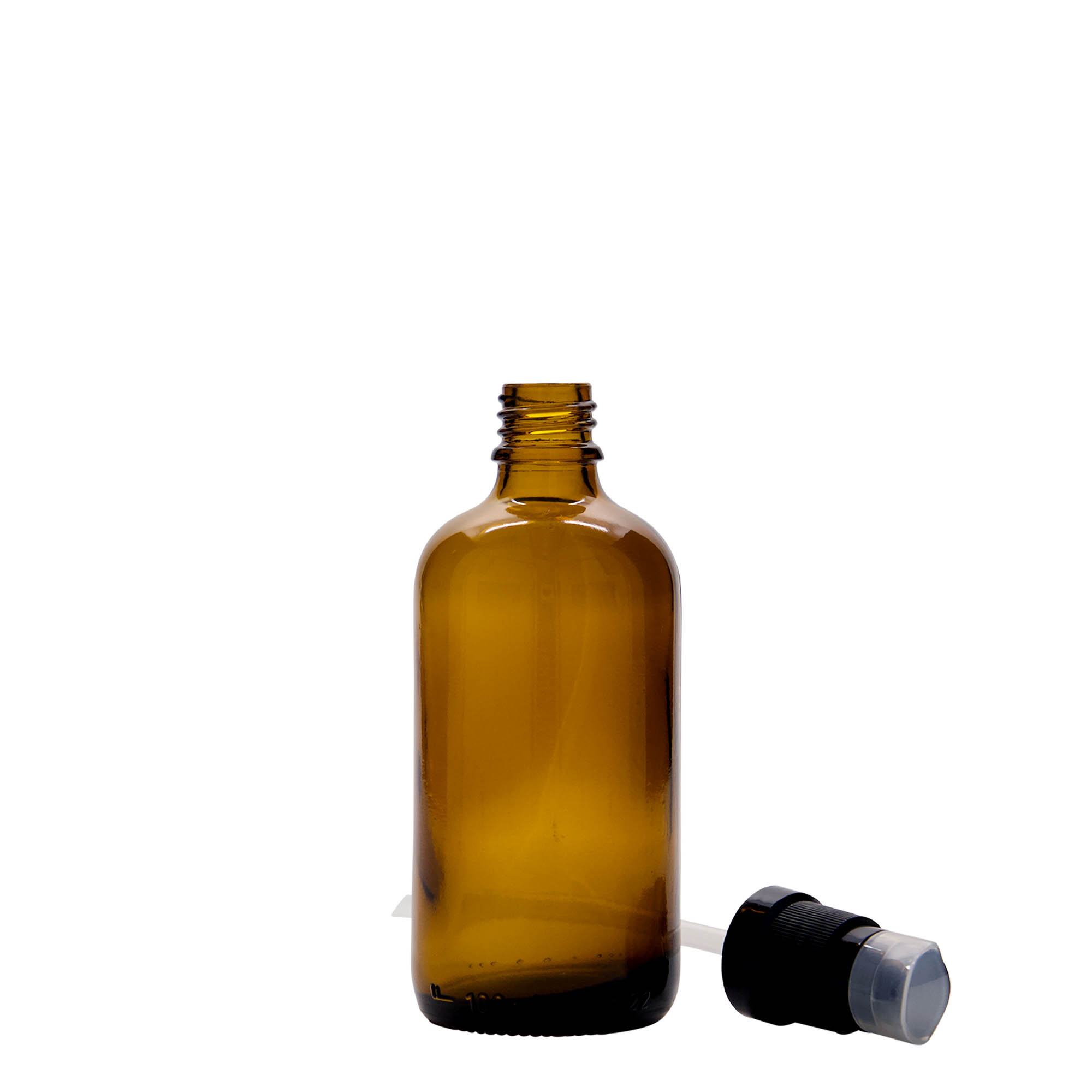 100 ml flacone medico con pompa per lozione, vetro, marrone, bocca: DIN 18
