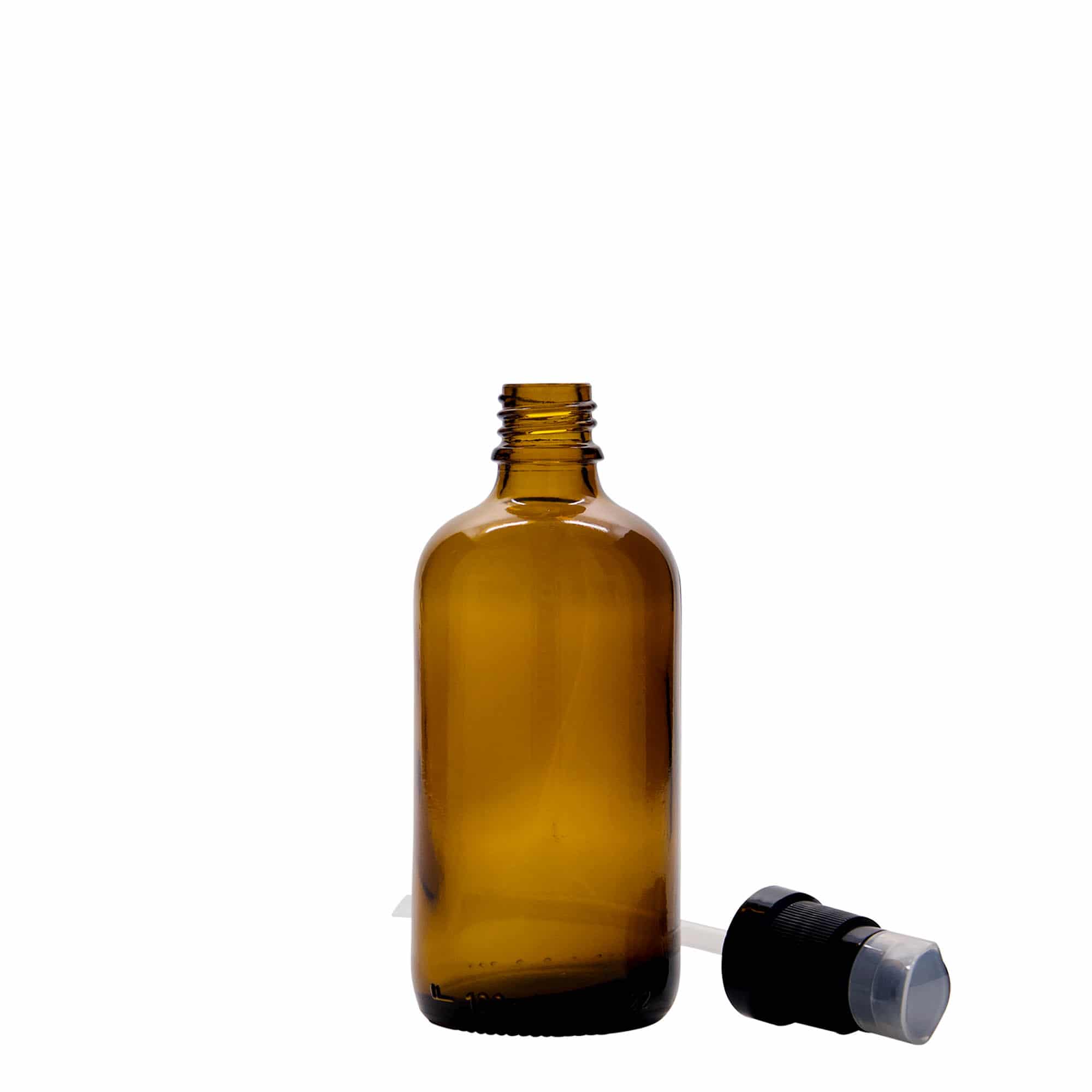 100 ml flacone medico con pompa per lozione, vetro, marrone, bocca: DIN 18