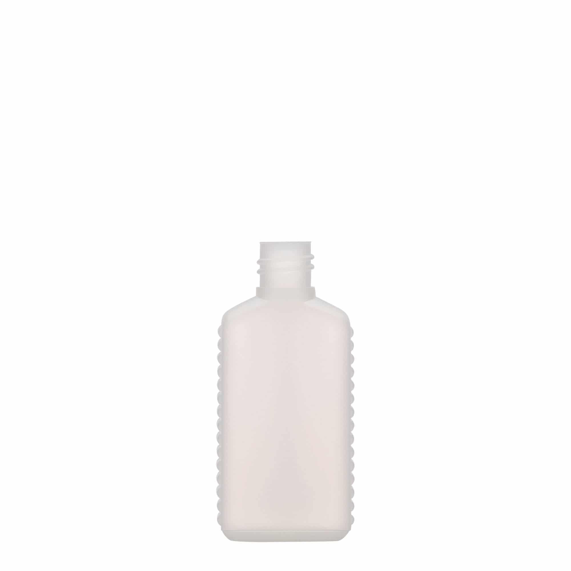 50 ml Bottiglia rettangolare, rettangolare, plastica HDPE, naturale, imboccatura: DIN 18 50 ml Bottiglia rettangolare, rettangolare, plastica HDPE, naturale, imboccatura: DIN 18