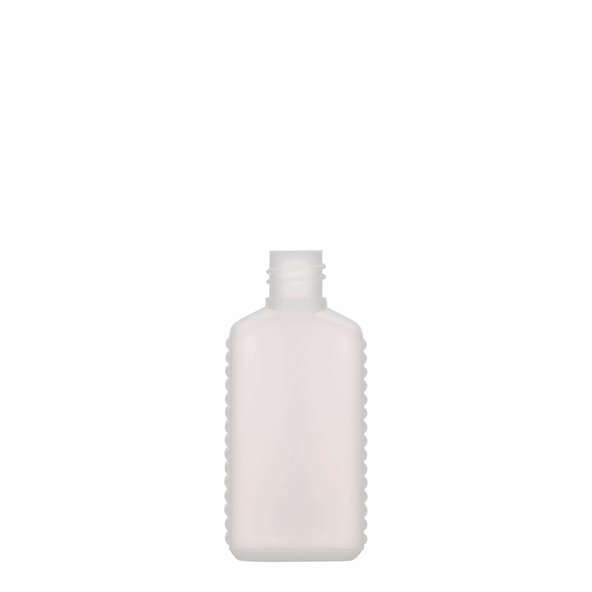 Bottiglia tanica da 50 ml, collo stretto, rettangolare, plastica HDPE, naturale, bocca: DIN 18