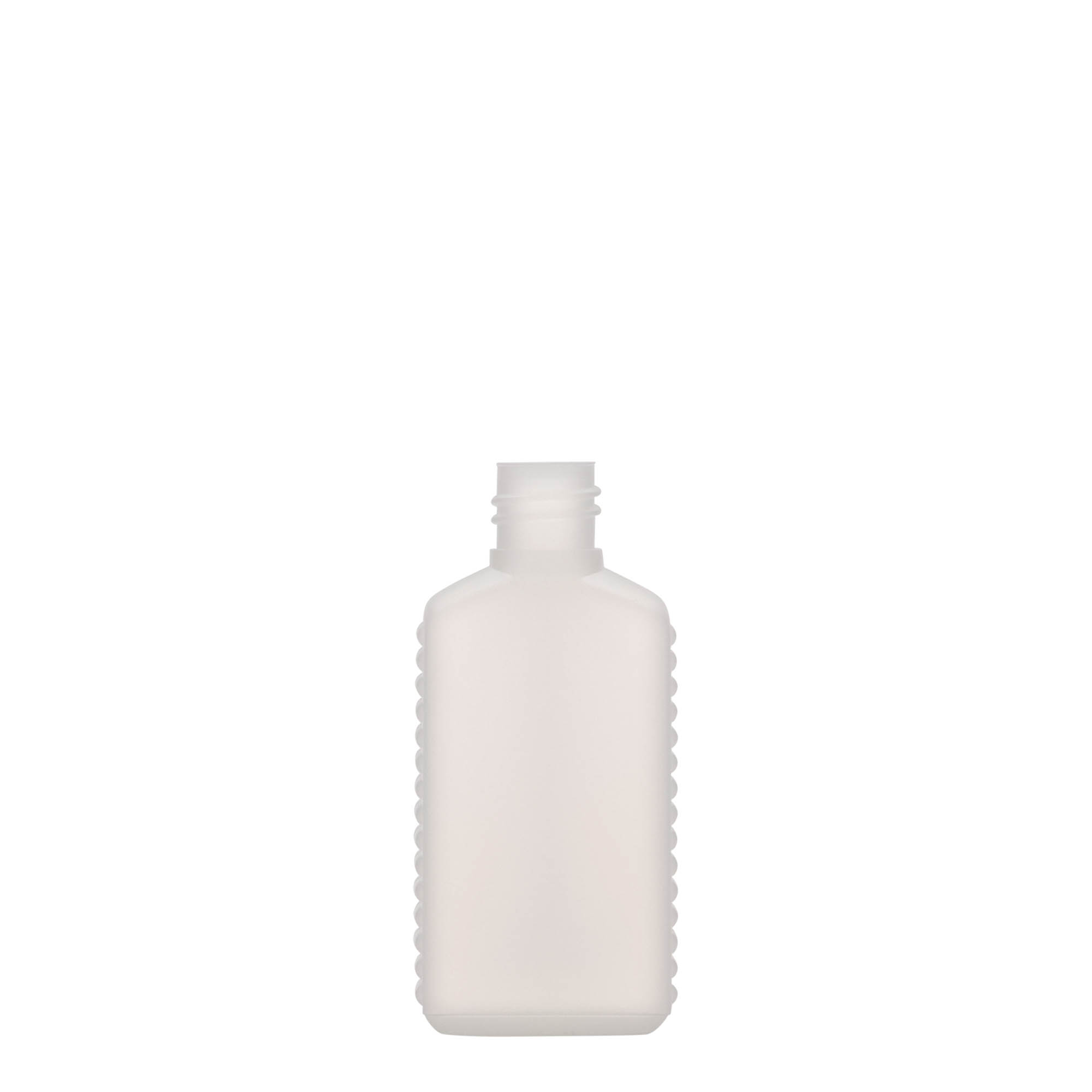 Bottiglia tanica da 50 ml, collo stretto, rettangolare, plastica HDPE, naturale, bocca: DIN 18 Bottiglia tanica da 50 ml, collo stretto, rettangolare, plastica HDPE, naturale, bocca: DIN 18