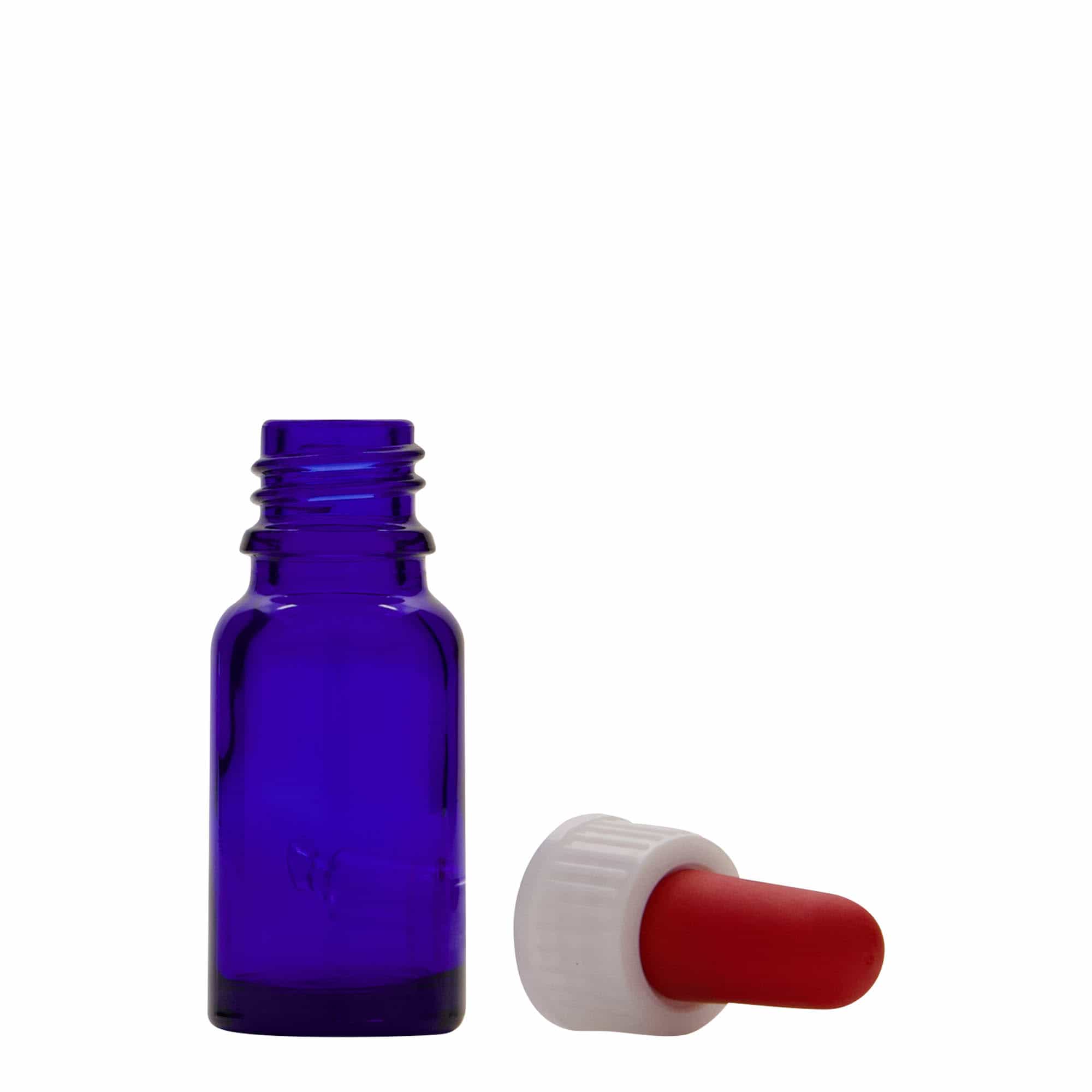 Bottiglia con contagocce da 10 ml, medicina, vetro, blu reale-rosso, bocca: DIN 18