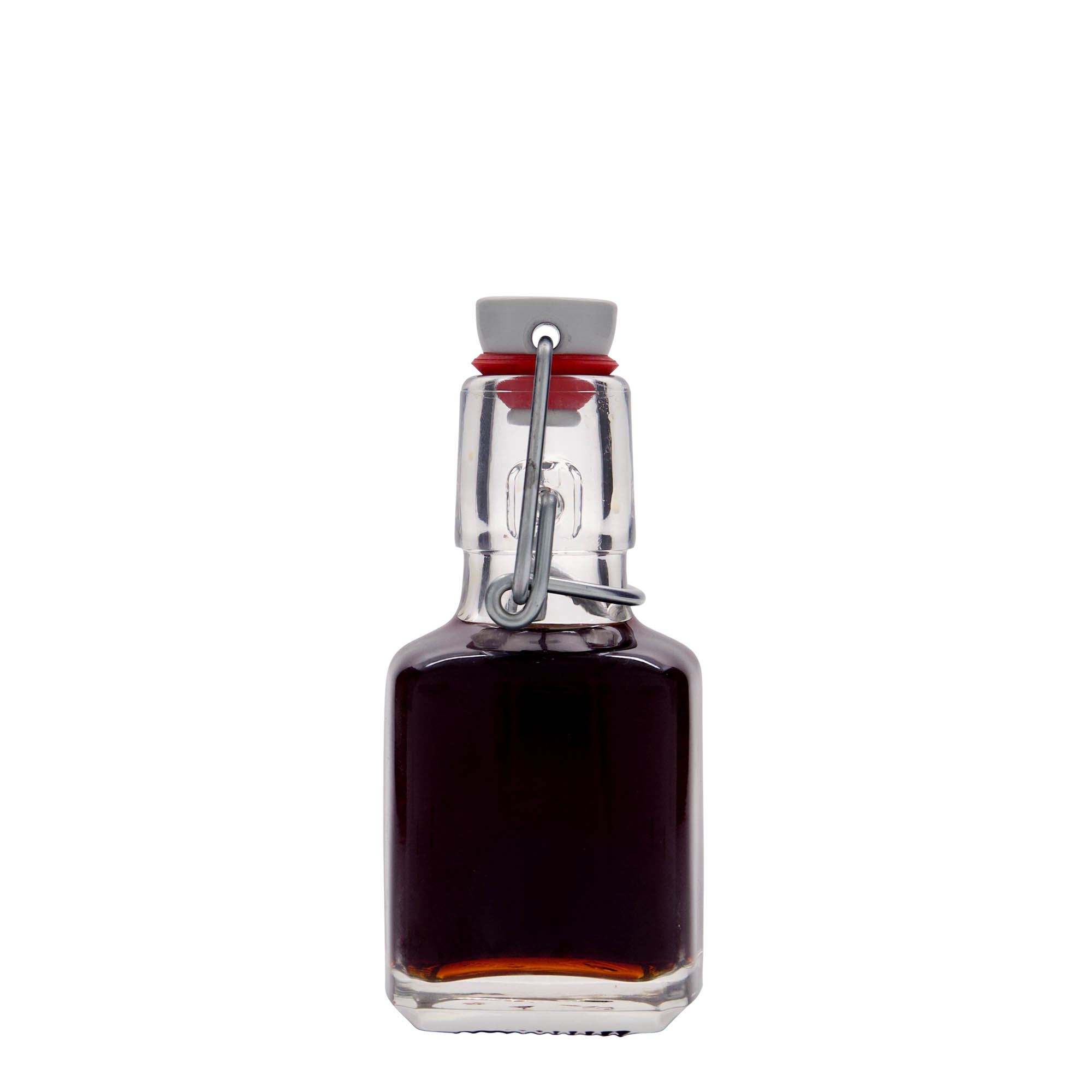 Bottiglia di vetro da 100 ml 'Kubica', quadrata, bocca: chiusura a gancio Bottiglia di vetro da 100 ml 'Kubica', quadrata, bocca: chiusura a gancio