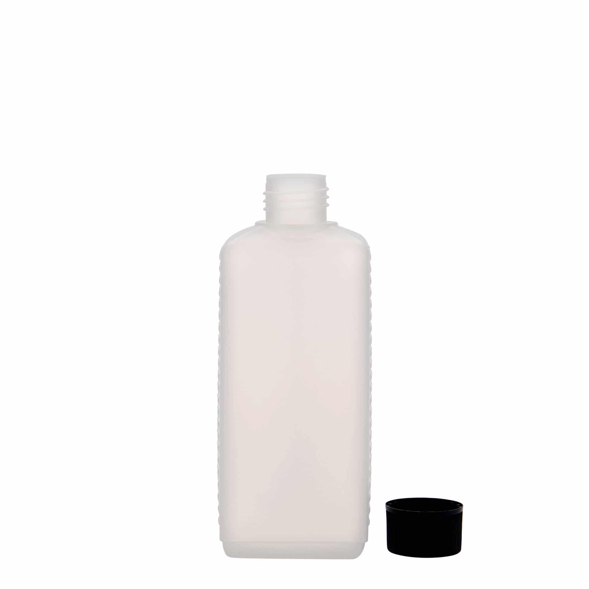 Bottiglia a tanica da 250 ml, rettangolare, plastica HDPE, naturale, bocca: DIN 25 EPE