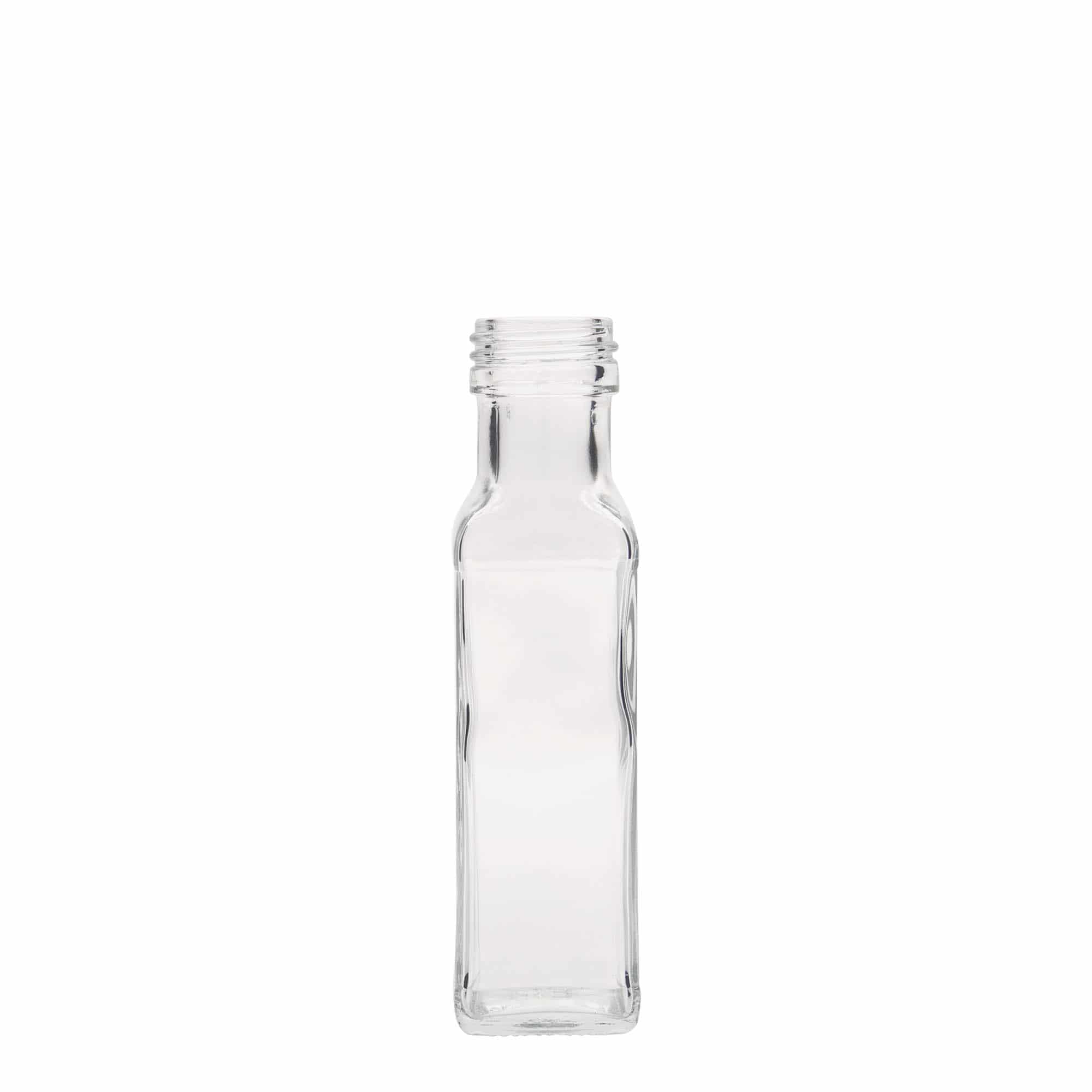 Bottiglia di vetro da 100 ml 'Marasca', quadrata, bocca: PP 31,5 Bottiglia di vetro da 100 ml 'Marasca', quadrata, bocca: PP 31,5